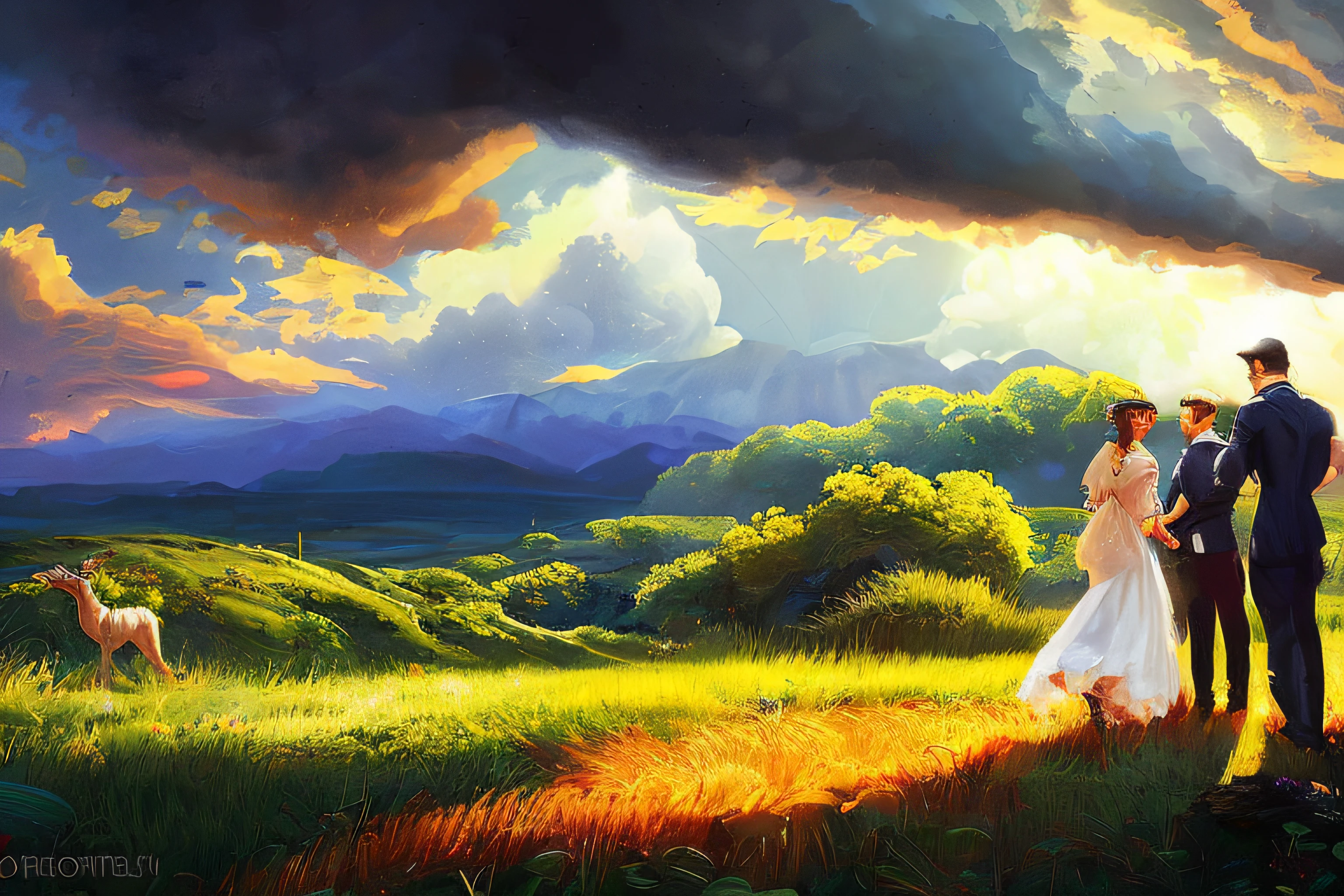 scene of a clouds, 3 people, bustling galaxy, great big storm, sunlight, glow, afternoon, scenery concept art, overgrowth. by Renoir , relaxing concept art, traditional classic concept art, a beautiful artwork illustration. high detail, background art, detailed concept art, environment design illustration, concept art highly detailed