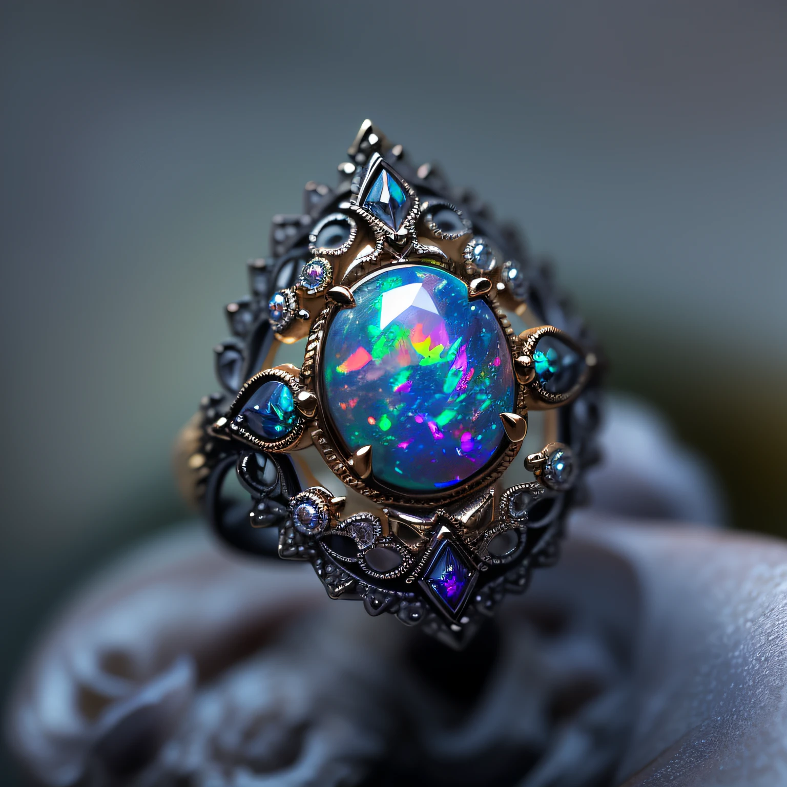 macro photo, masterpiece, super detail, high details, high quality,
[Black Opal ring],Light luxury, {Black gold vintage style}
