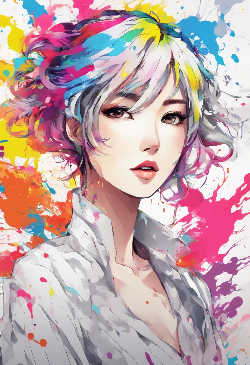 (Masterpiece, Best Quality, High Resolution), White Background, ((Paint Splash, Color Splash, Splash of Ink, Color Splash)), Sweet Chinese Girl, Rainbow Hair, Pink Lips, Front, Upper Body