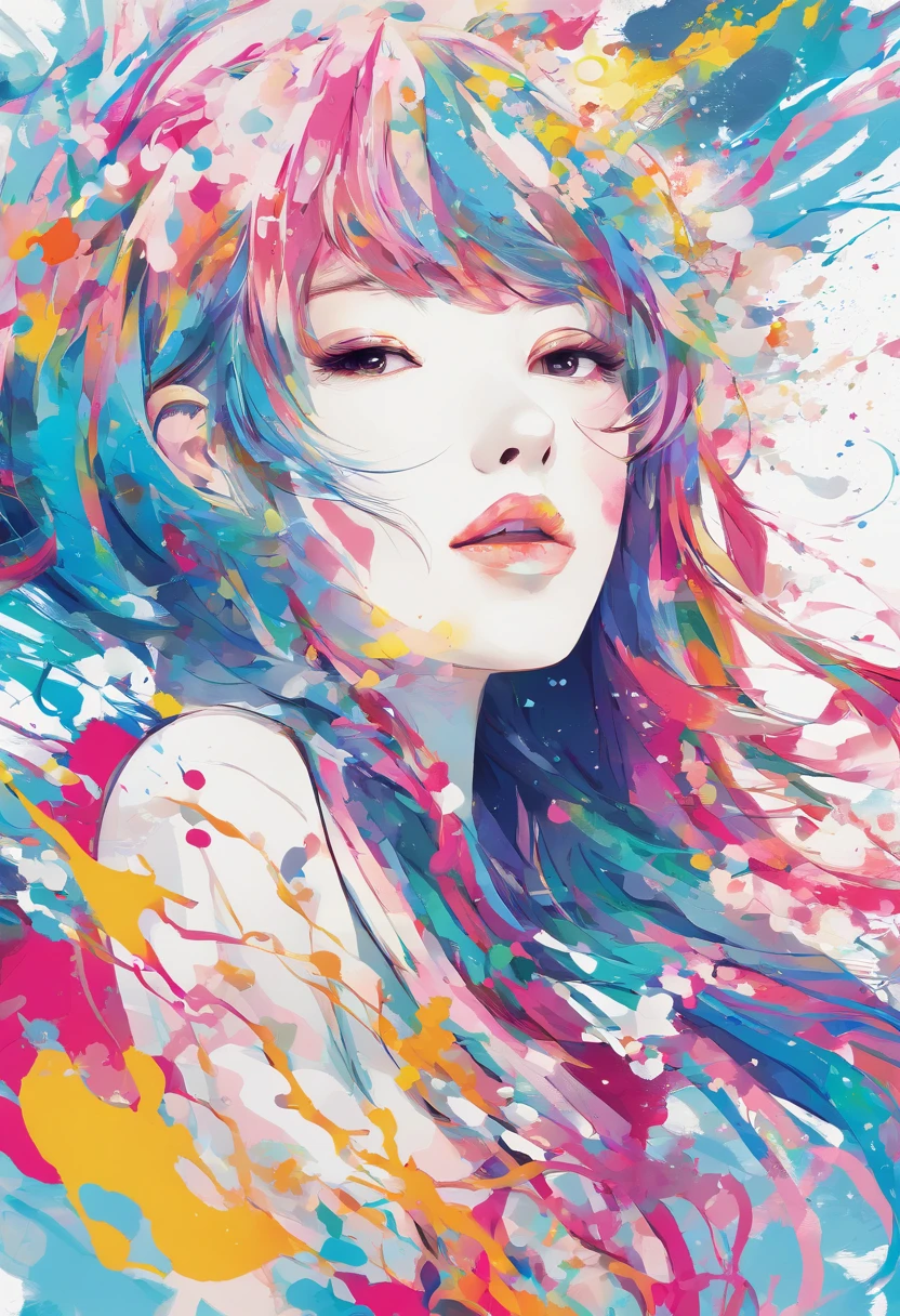 (Masterpiece, Best Quality, High Resolution), White Background, ((Paint Splash, Color Splash, Splash of Ink, Color Splash)), Sweet Chinese Girl, Rainbow Hair, Pink Lips, Front, Upper Body