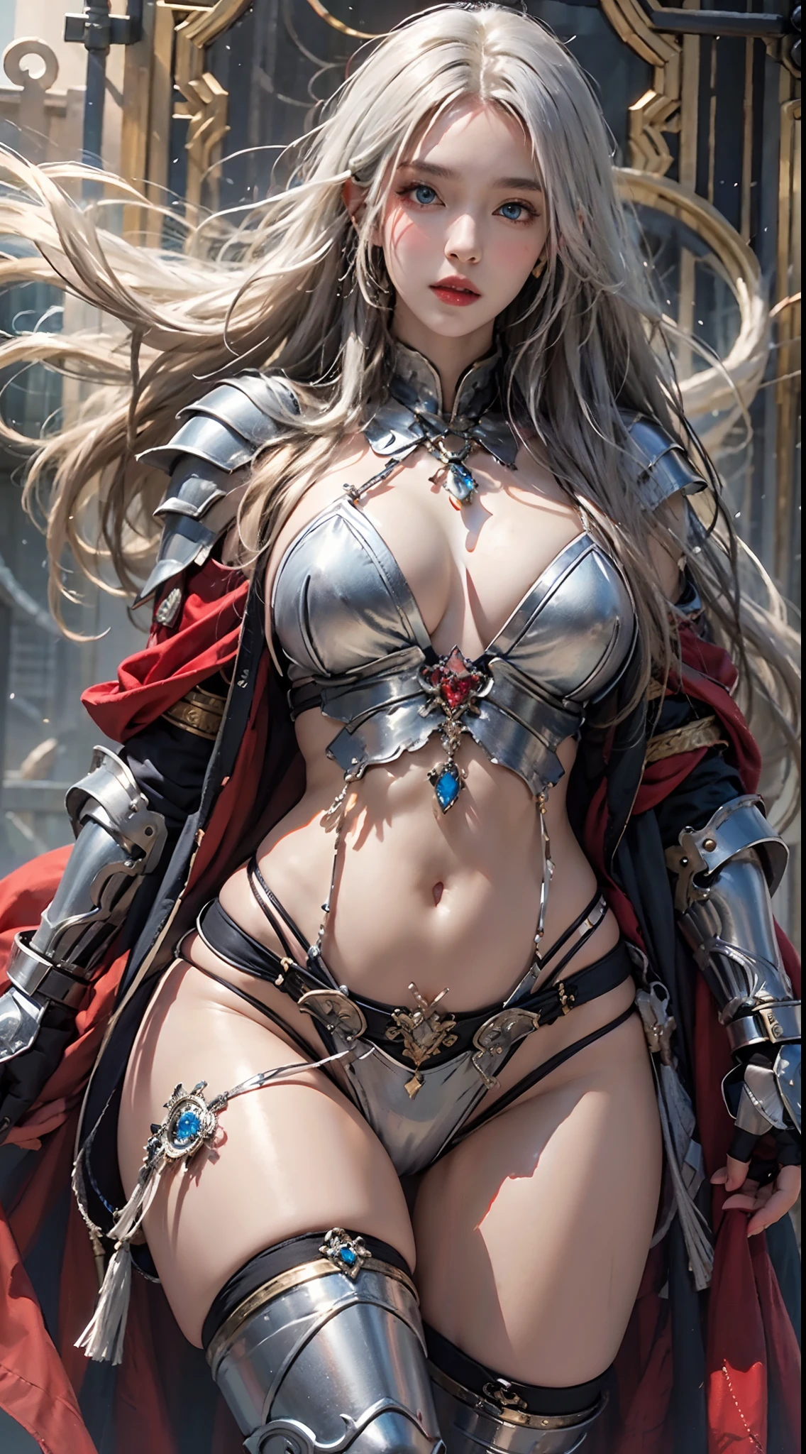 photorealistic, high resolution, soft lights, 1women, solo, hips up, blue eyes, full armor, red armor, cloak