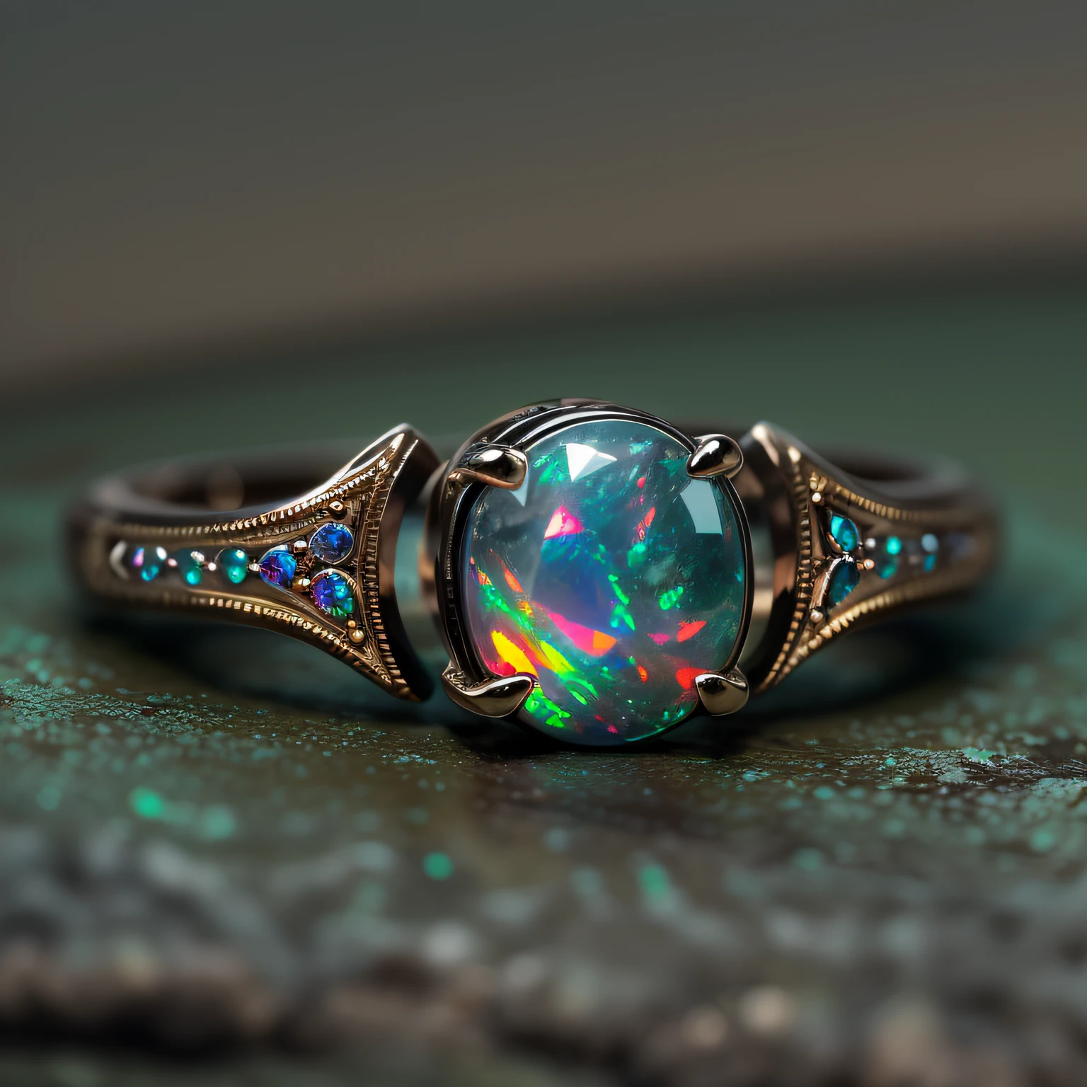 macro photo, masterpiece, super detail, high details, high quality,
[Black Opal ring],Light luxury, {Black gold vintage style}