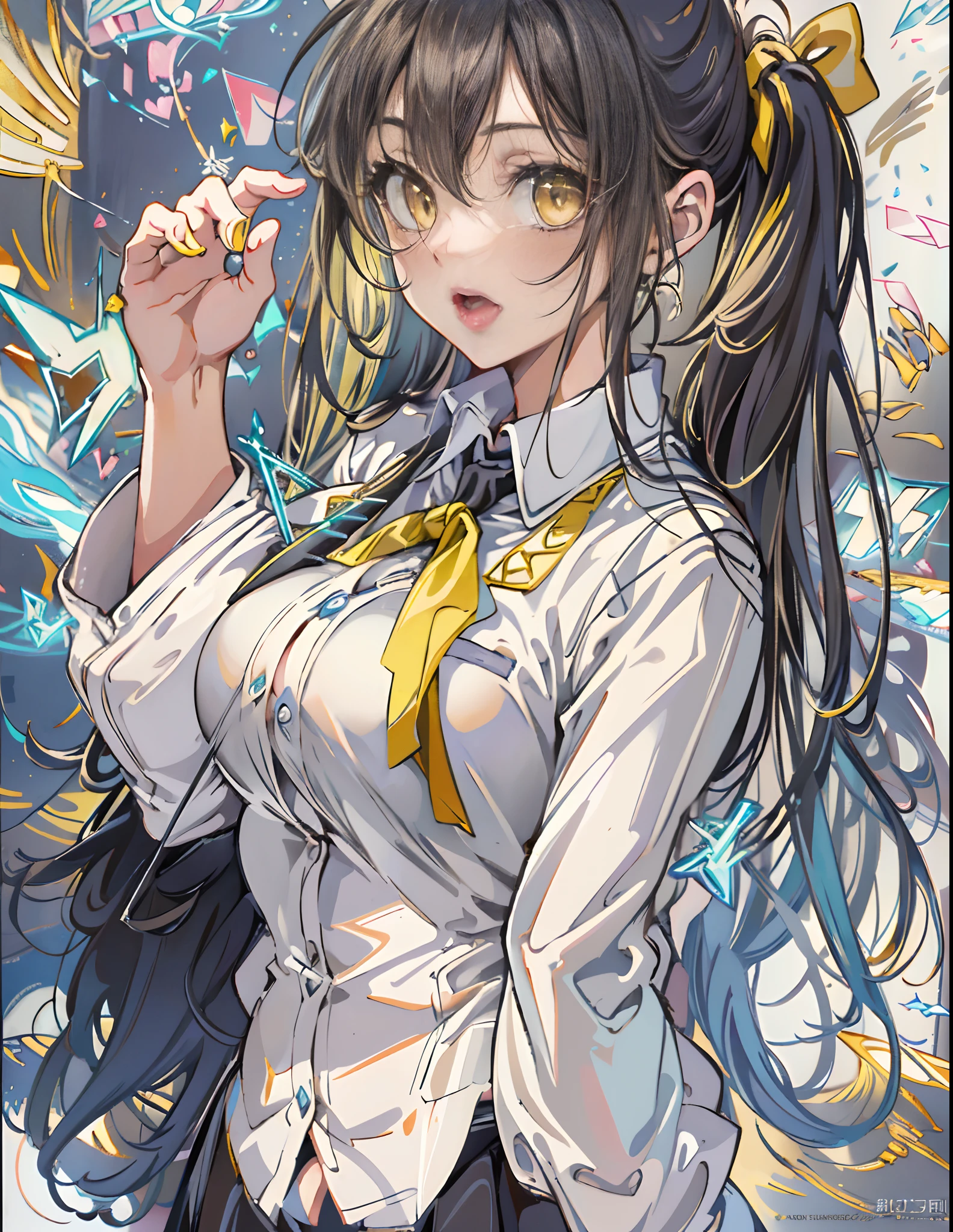 (masterpiece, top quality, best quality, official art, beautiful and aesthetic:1.2), 1girl, standing, hands up, close-up, magic, lightning, light rays, electric shock break, girl, 18 yo, school uniform, blazer, white collared shirt, yellow neck ribbon, checked skirt, black long hair, yellow eyes, medium breasts break background school, magician, spell magic, style-swirlmagic:0.8, (using dark magic:1.4), (large boobs:1.3), (butt view:1.3),erected tits , Masterpiece, milf, onegai teacher, curvy, juicy cameltoe,