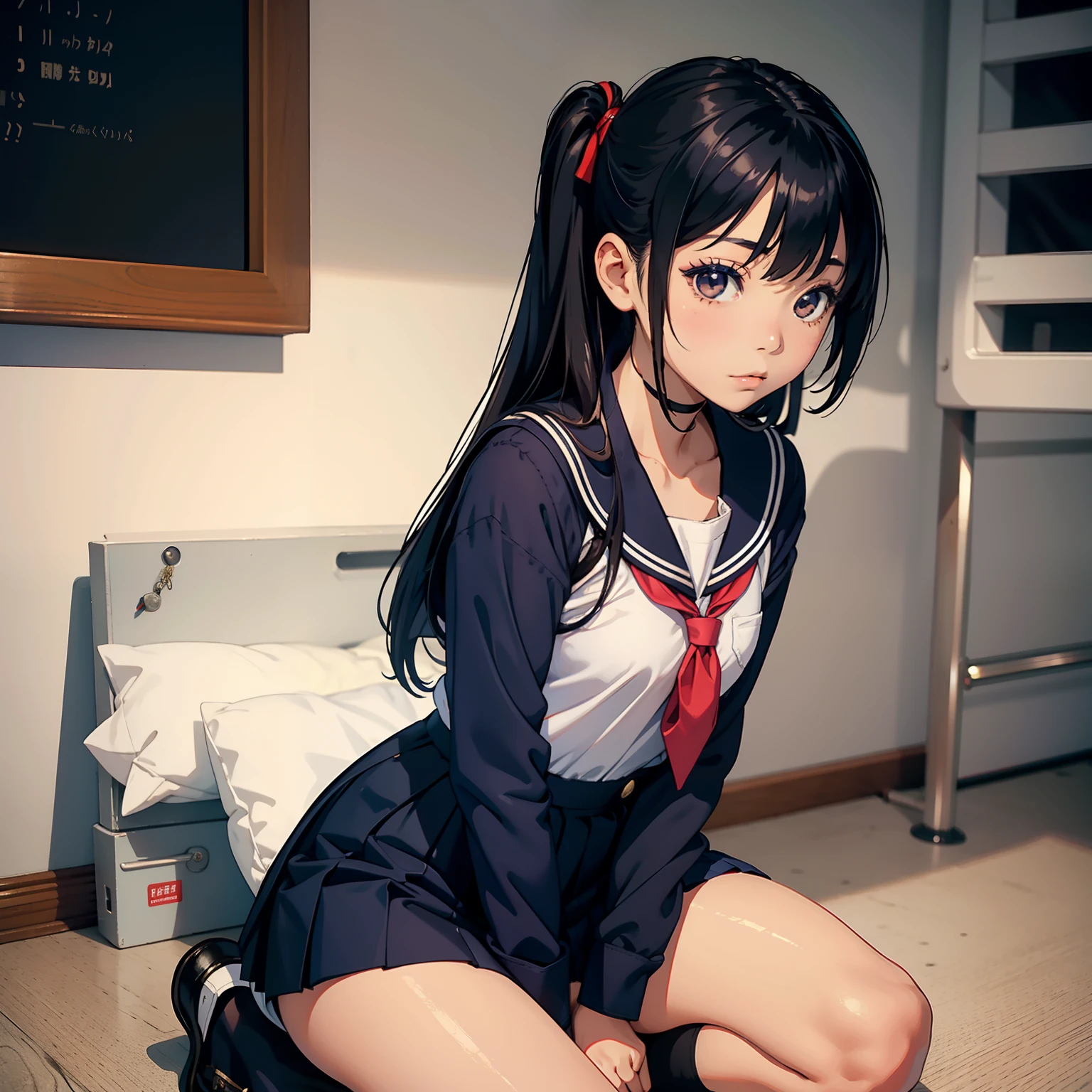 arafed asian woman in a sailor outfit sitting on the floor, Wearing a black uniform, the anime girl is crouching, pretty face with arms and legs, surrealist schoolgirl, Girl in Uniform, surrealist schoolgirl, taken with a canon eos 5 d, Cute Schoolgirl, of a schoolgirl posing, Sailor Uniform, Realistic Young Gravure Idol，adolable，Super skirt