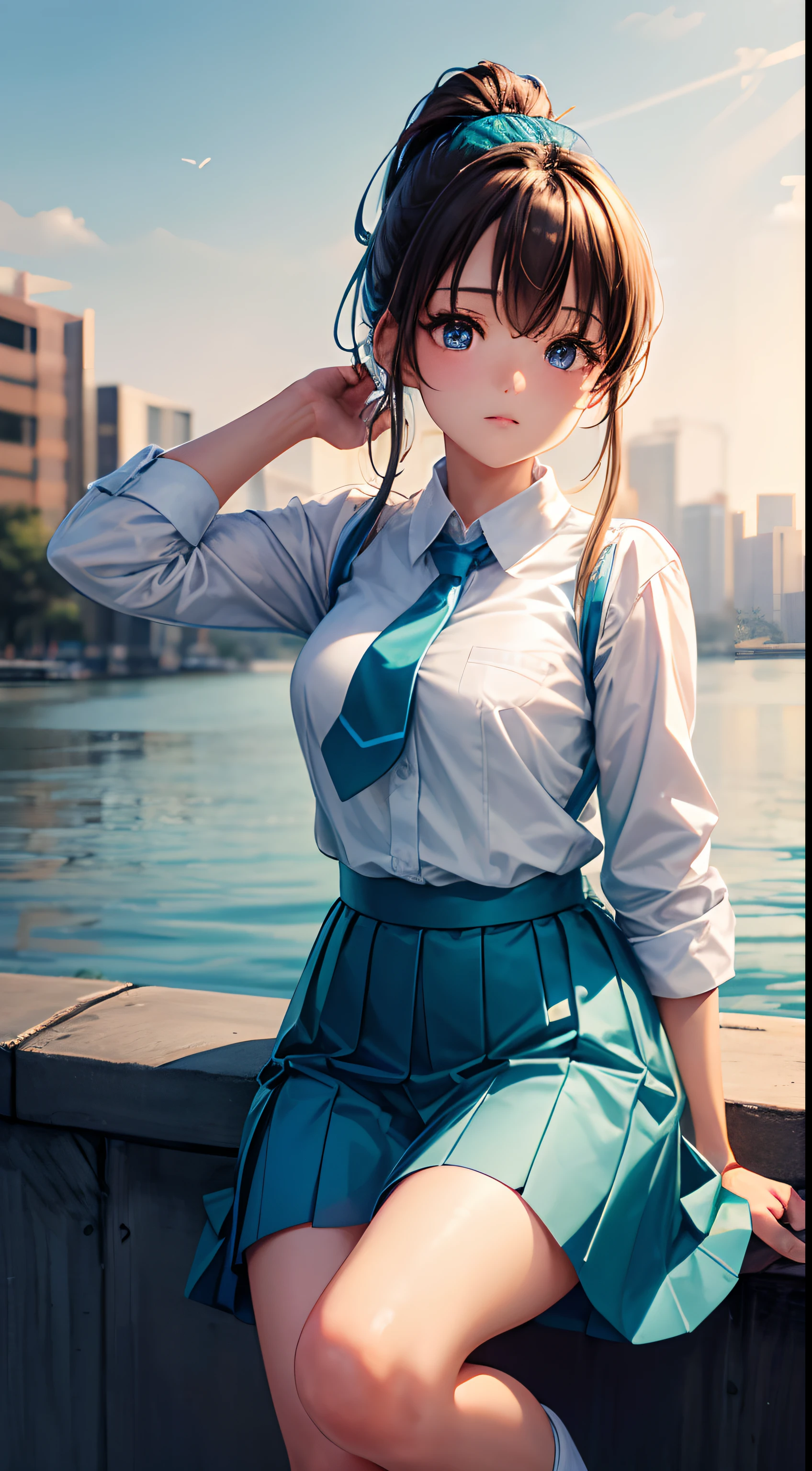 "best quality,4k,8k,highres,masterpiece:1.2,ultra-detailed,realistic,sharp focus,professional,vivid colors,bokeh,portrait"
"illustration,teal color scheme,studio lighting,beautiful detailed eyes,beautiful detailed lips,extremely detailed face,long eyelashes,adjusting clothes,Mana Inuyama,ponytail,brown hair,blue eyes,1girl,white shirt,teal skirt,teal necktie,teal socks,white shoes"
The works created from this material are mainly presented in the form of illustrations,Showcases ultra-high definition and high-quality results。The whole picture is dominated by portrait style,Through detailed and detailed paintings and realistic light and shadow, it conveys the feeling of real people。On screen,There is a young girl, Mana Inuyama,She wears a high ponytail,Slightly adjust the clothes。Her hair is brown,eyes are blue,Very charming。She wears a white shirt,Pair it with a duck-colored skirt and a duck-colored tie,Wearing a pair of white shoes on his feet,Blue socks echo the entire hue。The picture centers on Mana Inuyama in the center,The background uses a duck color,Both hue and saturation are carefully adjusted,Bring out the youthful vitality and freshness of the whole scene。The whole picture is full of vitality and delicate emotions,It gives a gorgeous and comfortable visual experience。