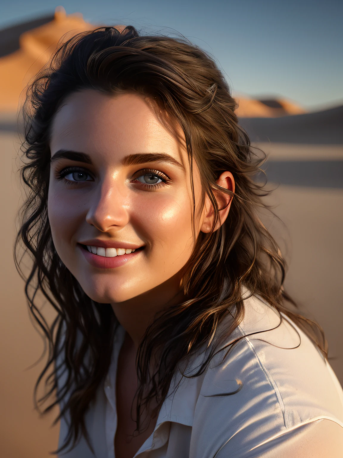 masterpiece, high quality,  shallow DOF, sharp eyes focus , black hair, ((23year y.o white woman )), (((ultra realistic detailed eyes))), intricate eye details, cute smile, sweaty, wearing blue shirt white trouser , ultra skin texture, ((ultra skin details)), skin imperfections, intricate details, ( sitting in dark sand dunes ), long messy hair, fog, volumetric lighting, ((streaking light across face)), hair light, bloom, golden hour, dark shadows, visually interesting , low key, ultra realism