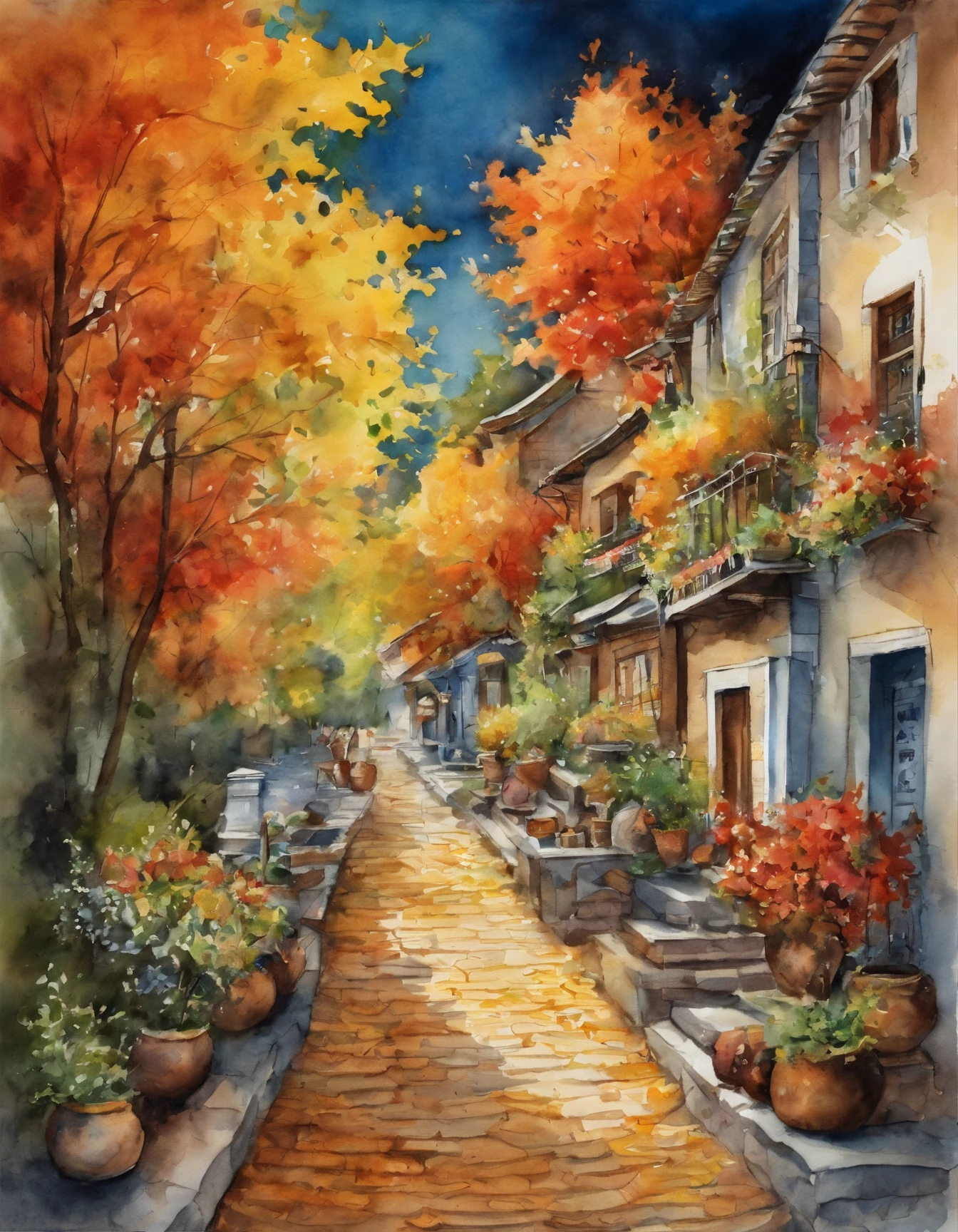 There are many illustrations of cities with colorful leaves, Korea, Seoul, In the style of a vivid cartoonist, fall,, Jack O's lantern, spices, New York School, Robert Monsch, Concept street art, Movie stills 50d, naturalistic depiction of flora and fauna, Playful cartoons