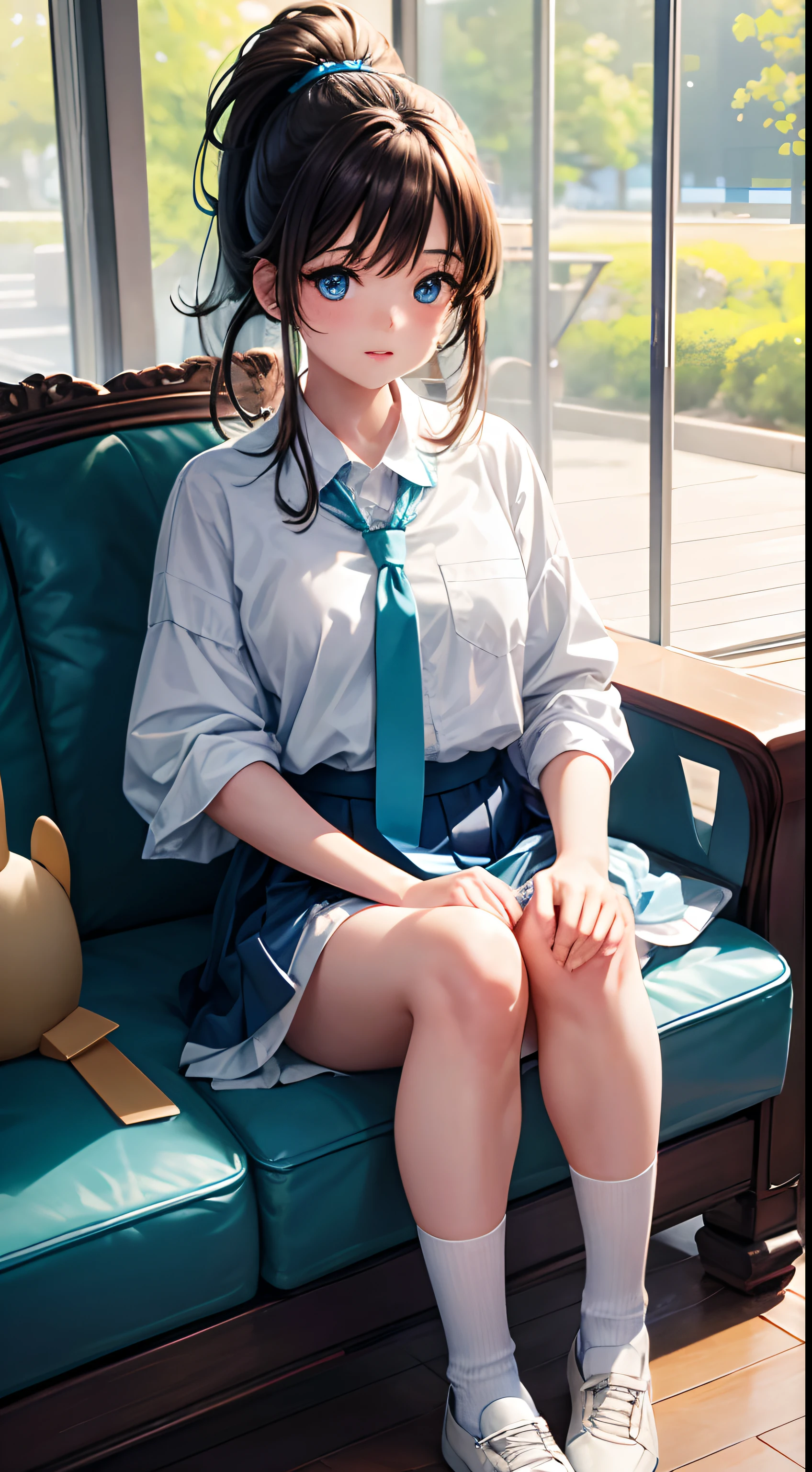 "best quality,4k,8k,highres,masterpiece:1.2,ultra-detailed,realistic,sharp focus,professional,vivid colors,bokeh,portrait"
"illustration,teal color scheme,studio lighting,beautiful detailed eyes,beautiful detailed lips,extremely detailed face,long eyelashes,adjusting clothes,Mana Inuyama,ponytail,brown hair,blue eyes,1girl,white shirt,teal skirt,teal necktie,teal socks,white shoes"
The works created from this material are mainly presented in the form of illustrations,Showcases ultra-high definition and high-quality results。The whole picture is dominated by portrait style,Through detailed and detailed paintings and realistic light and shadow, it conveys the feeling of real people。On screen,There is a young girl, Mana Inuyama,She wears a high ponytail,Slightly adjust the clothes。Her hair is brown,eyes are blue,Very charming。She wears a white shirt,Pair it with a duck-colored skirt and a duck-colored tie,Wearing a pair of white shoes on his feet,Blue socks echo the entire hue。The picture centers on Mana Inuyama in the center,The background uses a duck color,Both hue and saturation are carefully adjusted,Bring out the youthful vitality and freshness of the whole scene。The whole picture is full of vitality and delicate emotions,It gives a gorgeous and comfortable visual experience。