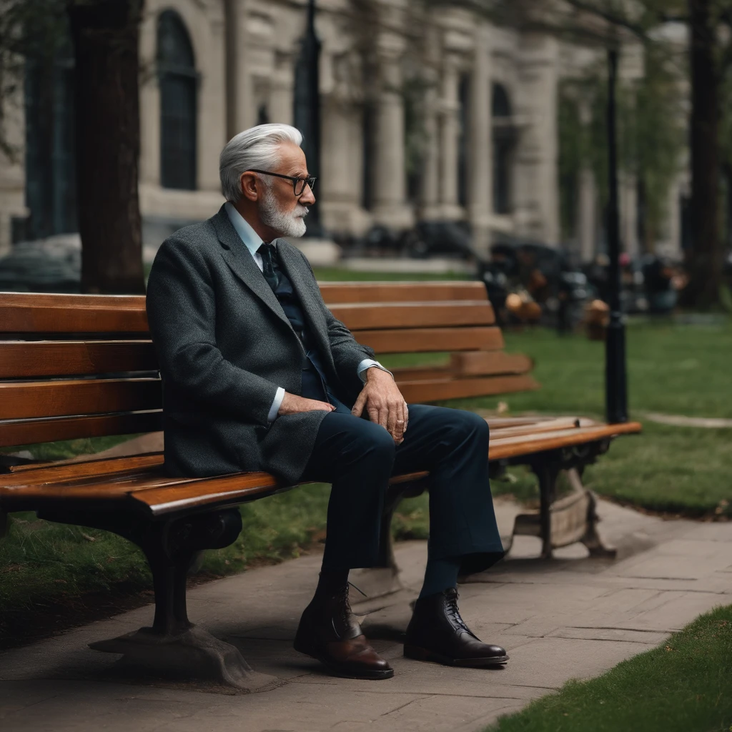 One in a suit、Gray hair、The old man with glasses sat on a bench,Holding Erlang's legs,Smoking,Riding boots stand out。