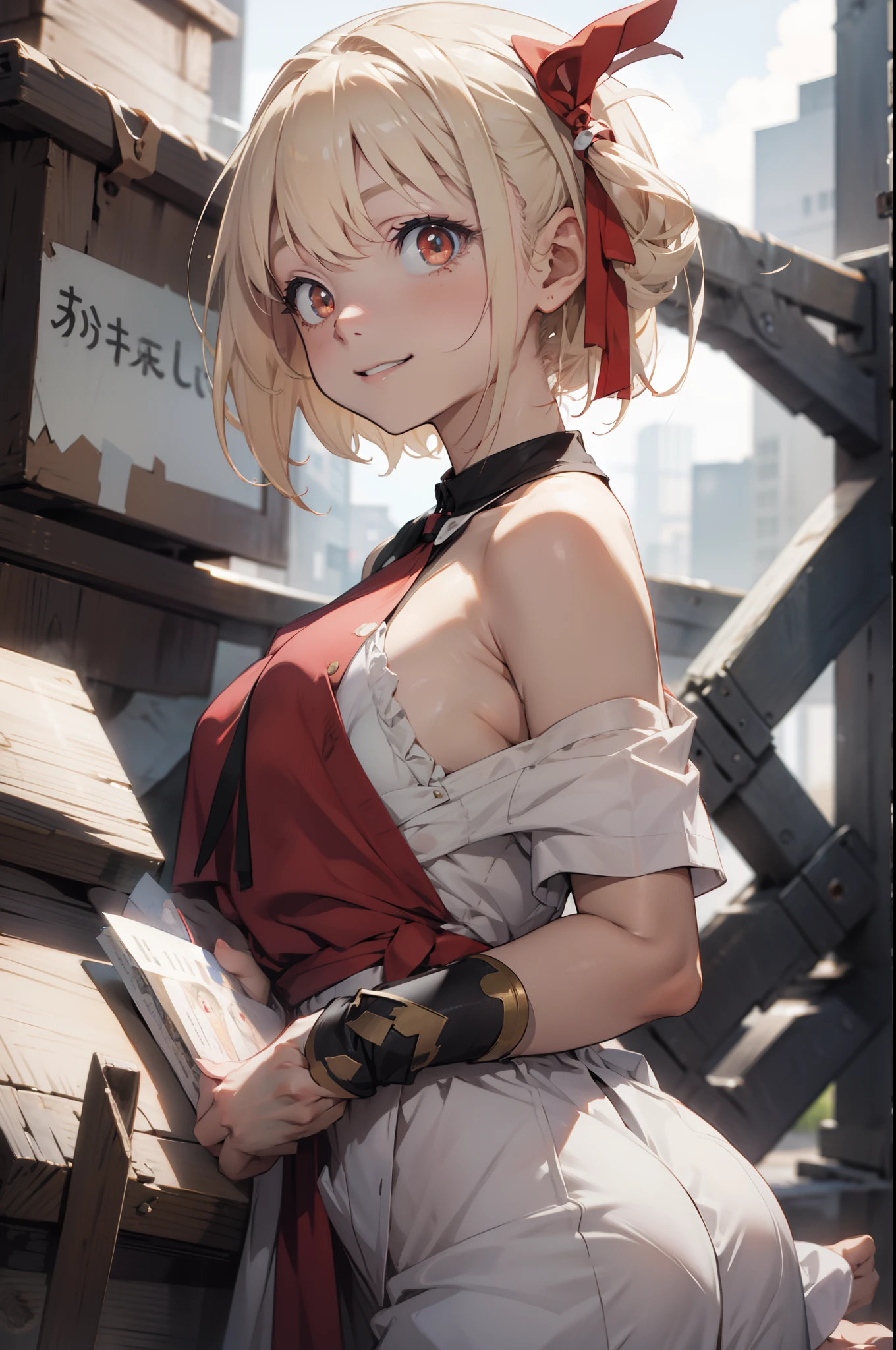 Chisatoniki, Chisato, Short hair, Bangs, Blonde hair, (Red Eyes:1.5), Hair Ribbon, One side up, bob cuts,
BREAK shirt, Bare shoulders, Twin-tailed, 鎖骨, Hair Ribbon, White shirt, frilld, off shoulders, Red Ribbon, short twintails, off shoulder shirt, frill shirt,
BREAK outdoors, Grinning,
BREAK looking at viewer, BREAK (masutepiece:1.2), Best Quality, High resolution, Unity 8k壁纸, (Illustration:0.8), (Beautiful detailed eyes:1.6), extra detailed face, Perfect Lighting, extremely details CG, (Perfect hands, Perfect Anatomy),