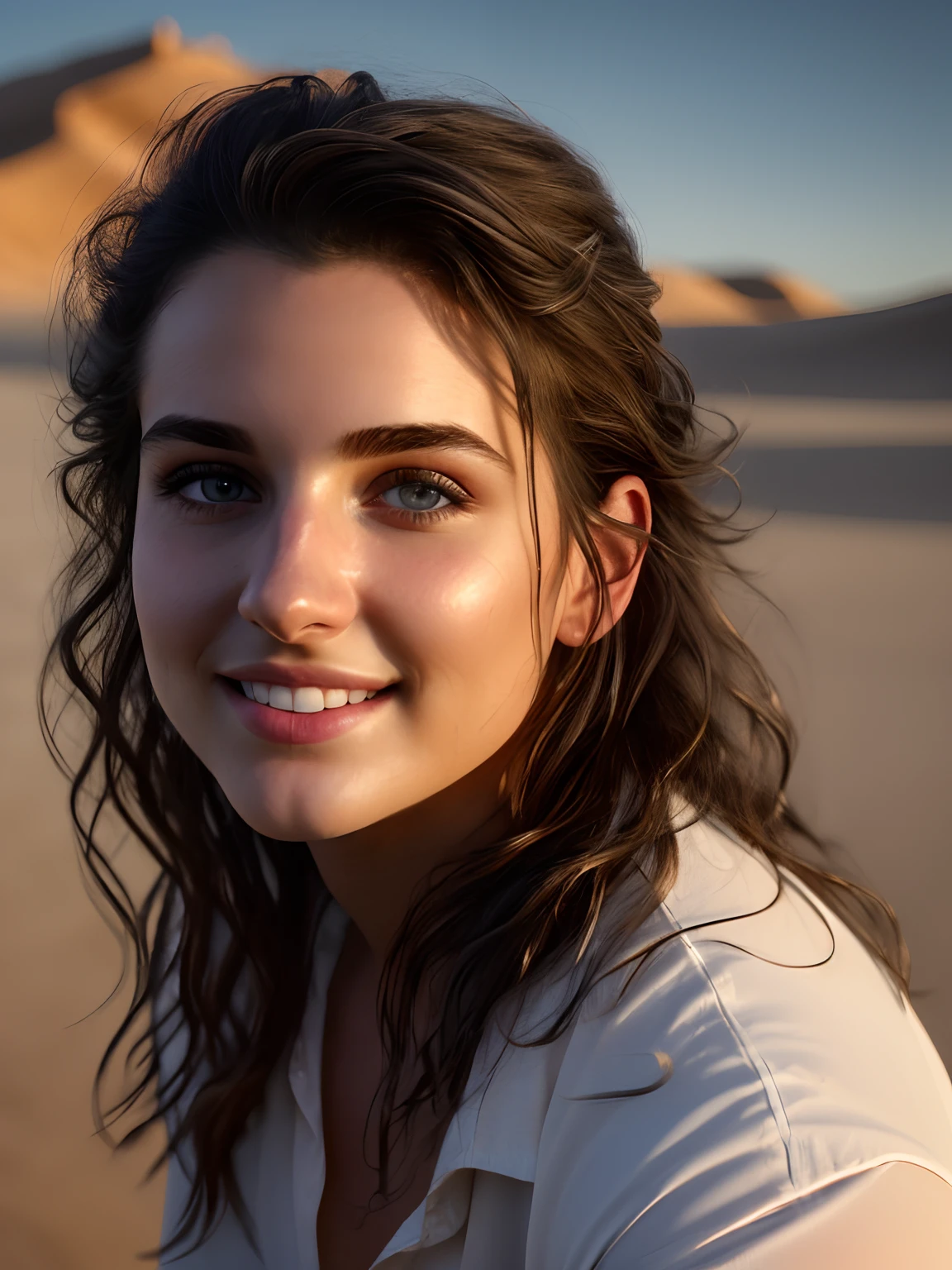 masterpiece, high quality,  shallow DOF, sharp eyes focus , black hair, ((23year y.o white woman )), (((ultra realistic detailed eyes))), intricate eye details, cute smile, sweaty, wearing blue shirt white trouser , ultra skin texture, ((ultra skin details)), skin imperfections, intricate details, ( sitting in dark sand dunes ), long messy hair, fog, volumetric lighting, ((streaking light across face)), hair light, bloom, golden hour, dark shadows, visually interesting , low key, ultra realism