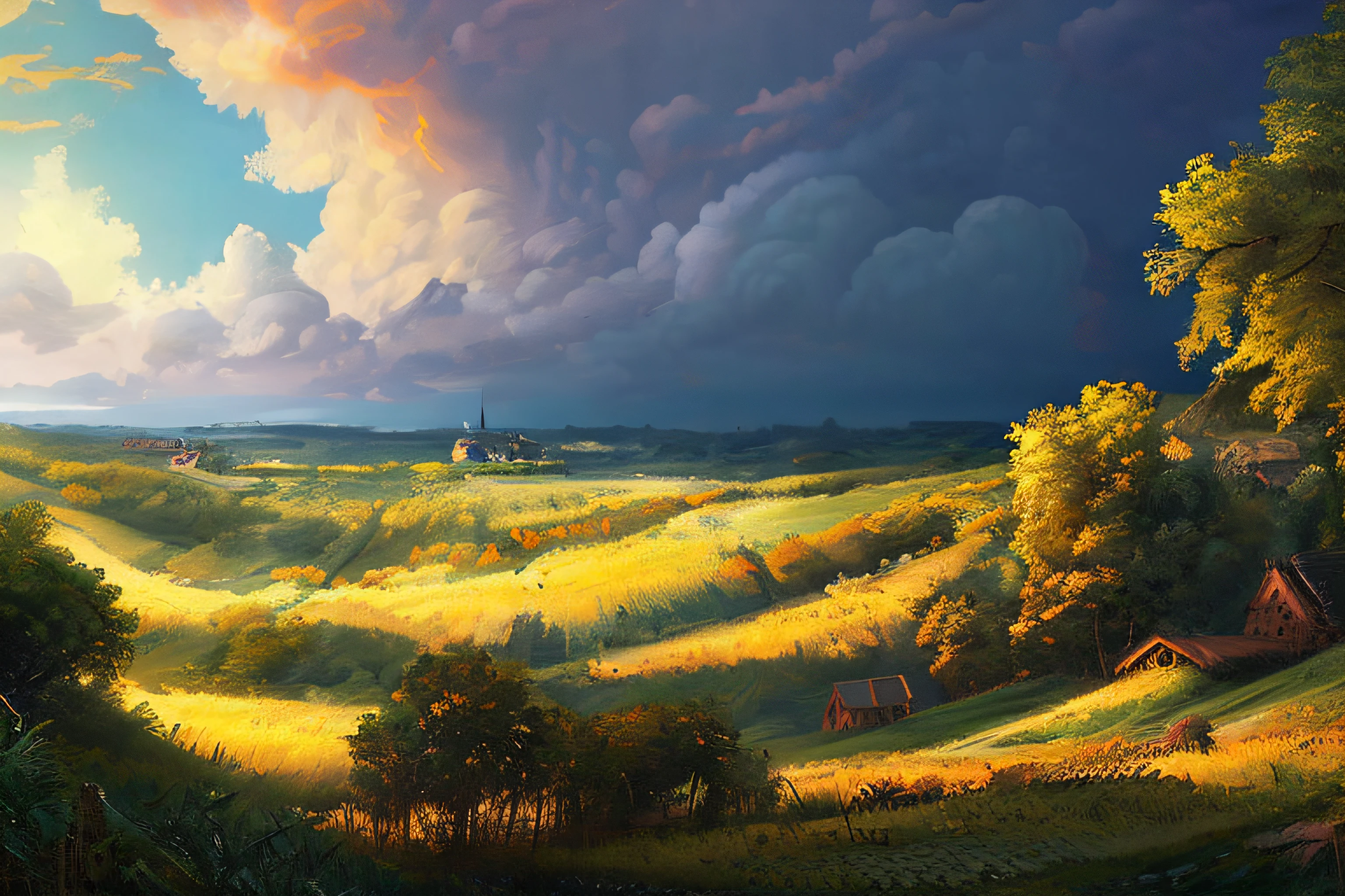 scene of a clouds, 3 people, bustling vialactea, great big storm, sunlight, glow, afternoon, scenery concept art, overgrowth. by Renoir , relaxing concept art, traditional classic concept art, a beautiful artwork illustration. high detail, background art, detailed concept art, environment design illustration, concept art highly detailed