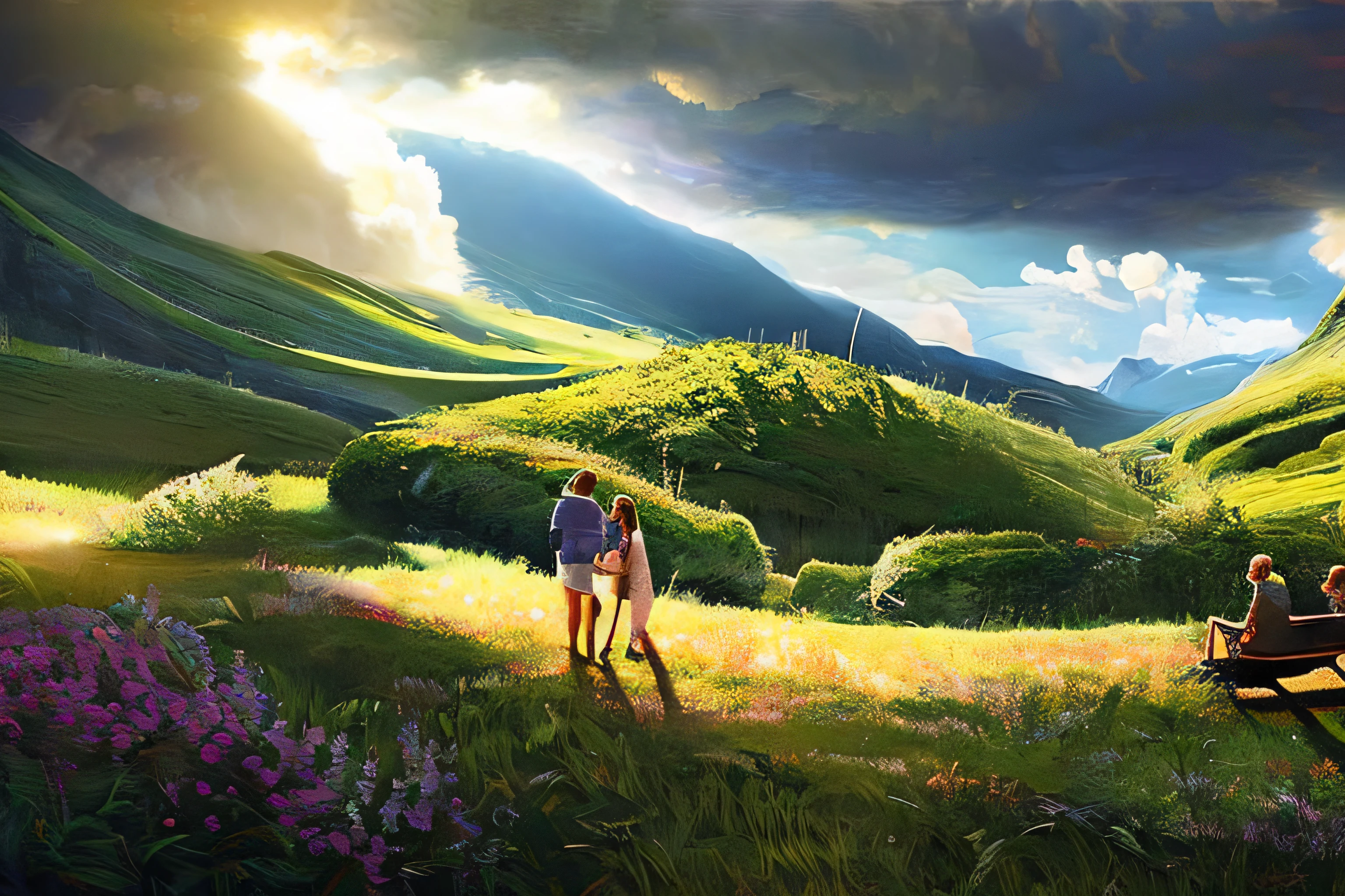 scene of a clouds, 3 people, bustling vialactea, great big storm, sunlight, glow, afternoon, scenery concept art, overgrowth. by Renoir , relaxing concept art, traditional classic concept art, a beautiful artwork illustration. high detail, background art, detailed concept art, environment design illustration, concept art highly detailed