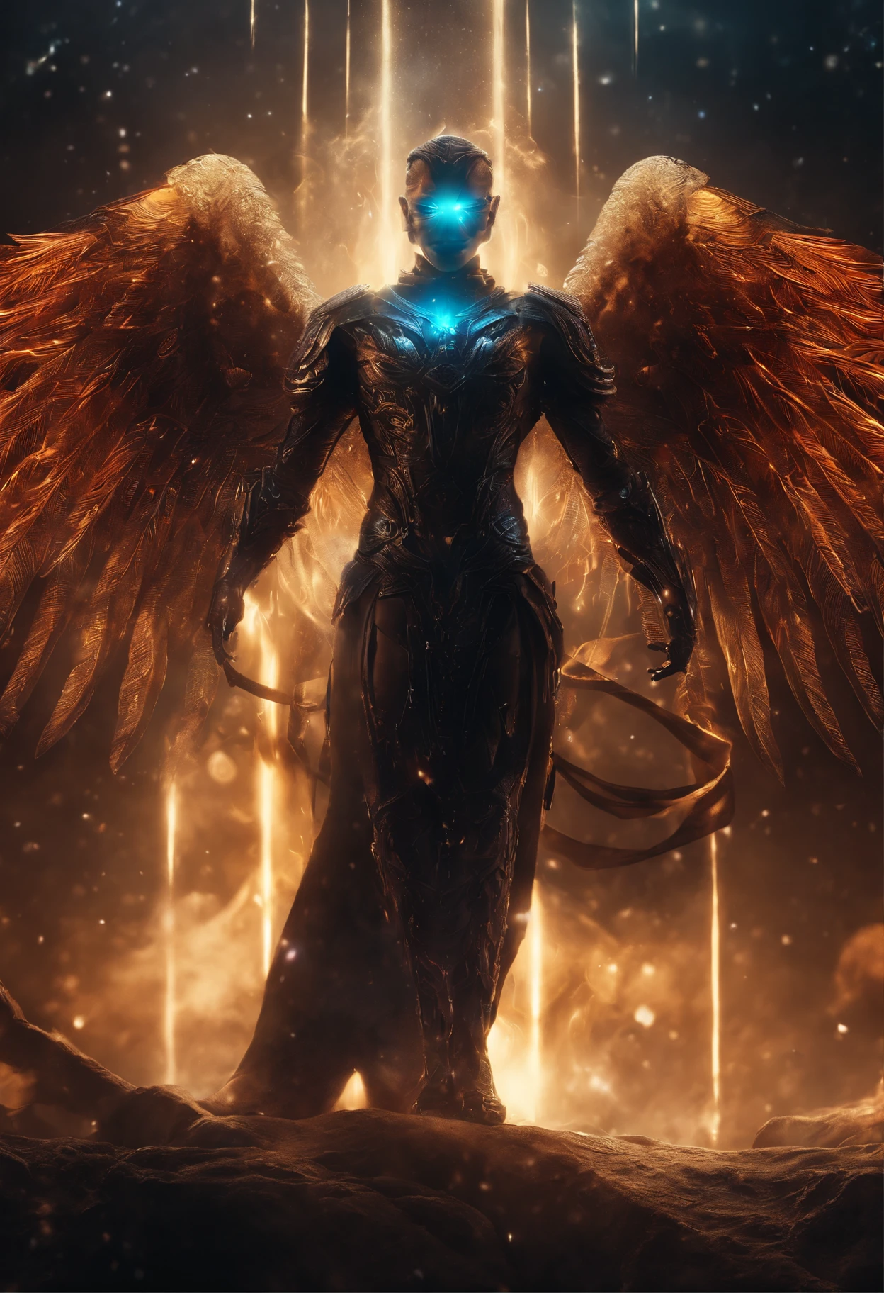 Cosmic Fallen Angel, glowing light eyes, Biomechanical, eerie, Creepy, nightmarish, Very bright colors, Light particles, with light glowing, Mshiff, wallpaper art, UHD wallpaper 8k wallpaper , warrior style