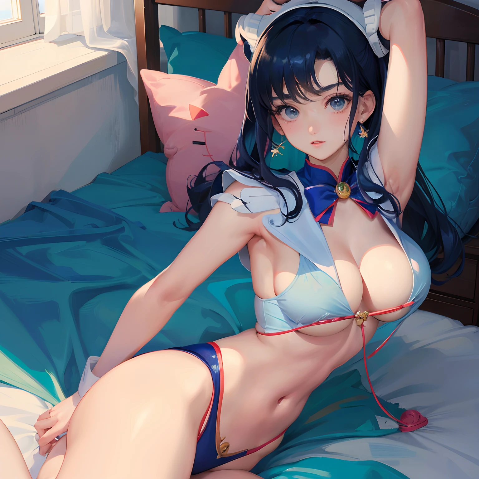 masterpiece,best quality,Ami Mizuno\, (Sailor_Moon\), perfect bodye, boobs, lindas piernas, adulta, cabello corto, cabello celeste,
Explisit, in the bed