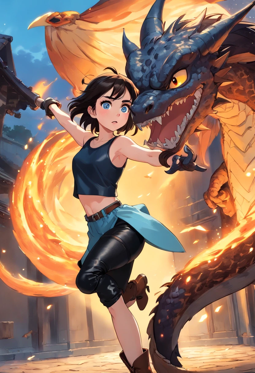1girl, lily collins, ((freckles)), tan, upper body focus, crop top, black leather leggings, Brown boots, light blue eyes, black hair, big ponytail, fighting a dragon