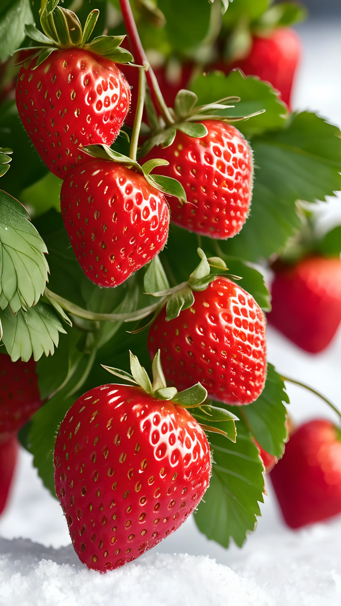 ,A strawberry plant, (detailed realism), (macro close-up), high resolution, (4k resolution), single plant, (snow-covered), (bright red fruit), (green leaves), small size, (dew drops), (shallow depth of field), emphasizing fruit.