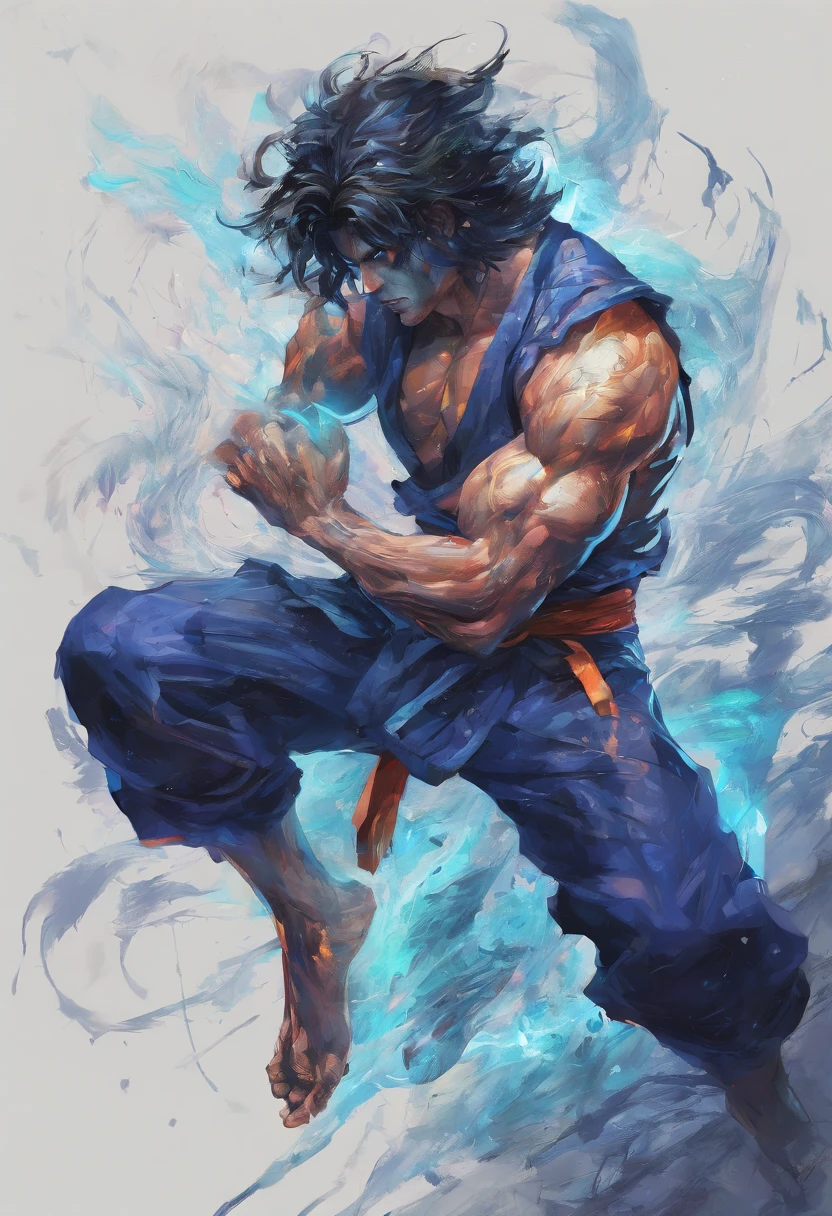 middle aged man,  A high resolution, Black color hair, Half is the body of a demon，Half a demon face, Chinese Warrior, Delicate three-dimensional blue flame demon face, sbeard, Wearing a hat, Expression of anger, Brawny, kaftan, Black and white robes, On his back is a set of sword boxes, Handsome, Full body view, standing on your feet, （White background：1.3）, swordsman, 。。。。。。。。。。。。。, Face the lens, （Blackn clothes：0.8）, High detail, Masterpiece, ccurate, Anatomically correct, Textured skin（tmasterpiece，best qualtiy）， intricately details， 8k， artstation， the wallpaper， offcial art， splashart， Storm in the background， tack sharp focus， 1boy， （フォトリアリスティック：1.2） （bokeh） （best qualtiy） （detailedskin：1.3） （complexdetails） （8K） （detailedeyes） （sharp-focus） son goku， irate， combat damage， blond hairbl， blue sash， clench one's teeth， irate， greene eyes， malefocus， musculous， Muscular males， chest muscle， obi strip， 独奏，  teeth，Torn clothing belt，Power gloves，Unreal lightning background