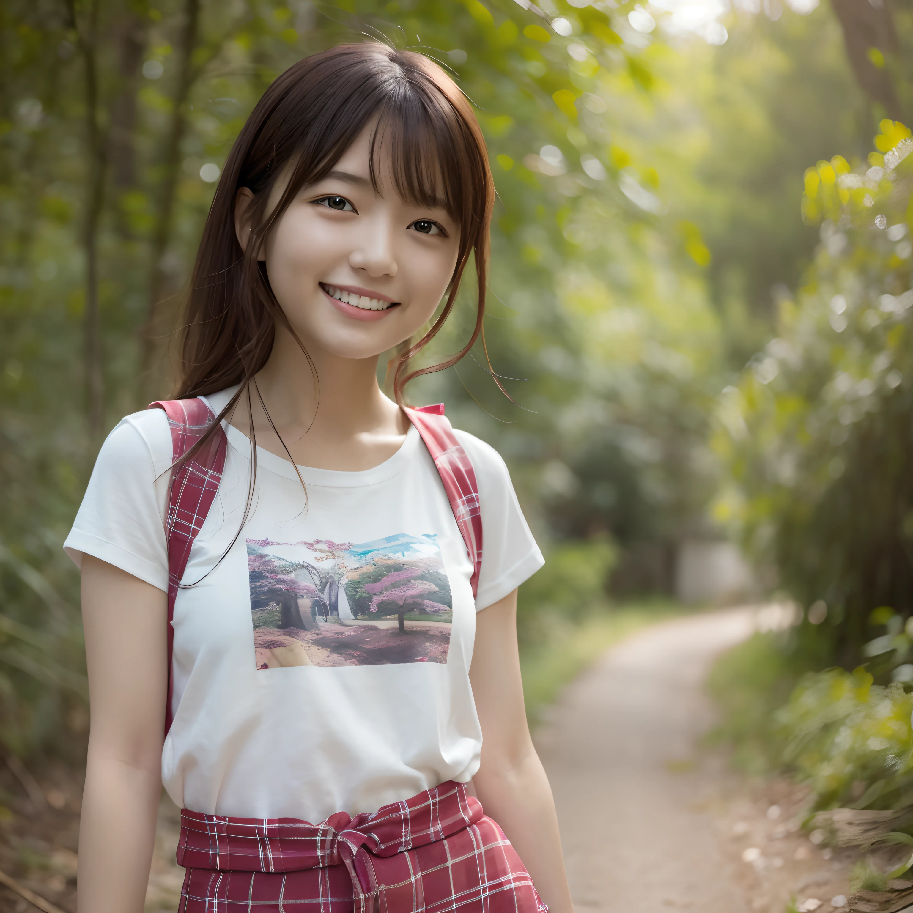 Women in Japan、Wear a thin shirt,In the forest,bare-legged,posing in the。 Happy smile、One lady、
((top-quality、8K、masterpiece:1.3))、foco nítido:1.2、Highly detailed facial and skin texture、 A detailed eye、二重まぶた、tshirts、a miniskirt、Warm colors、Happy smile