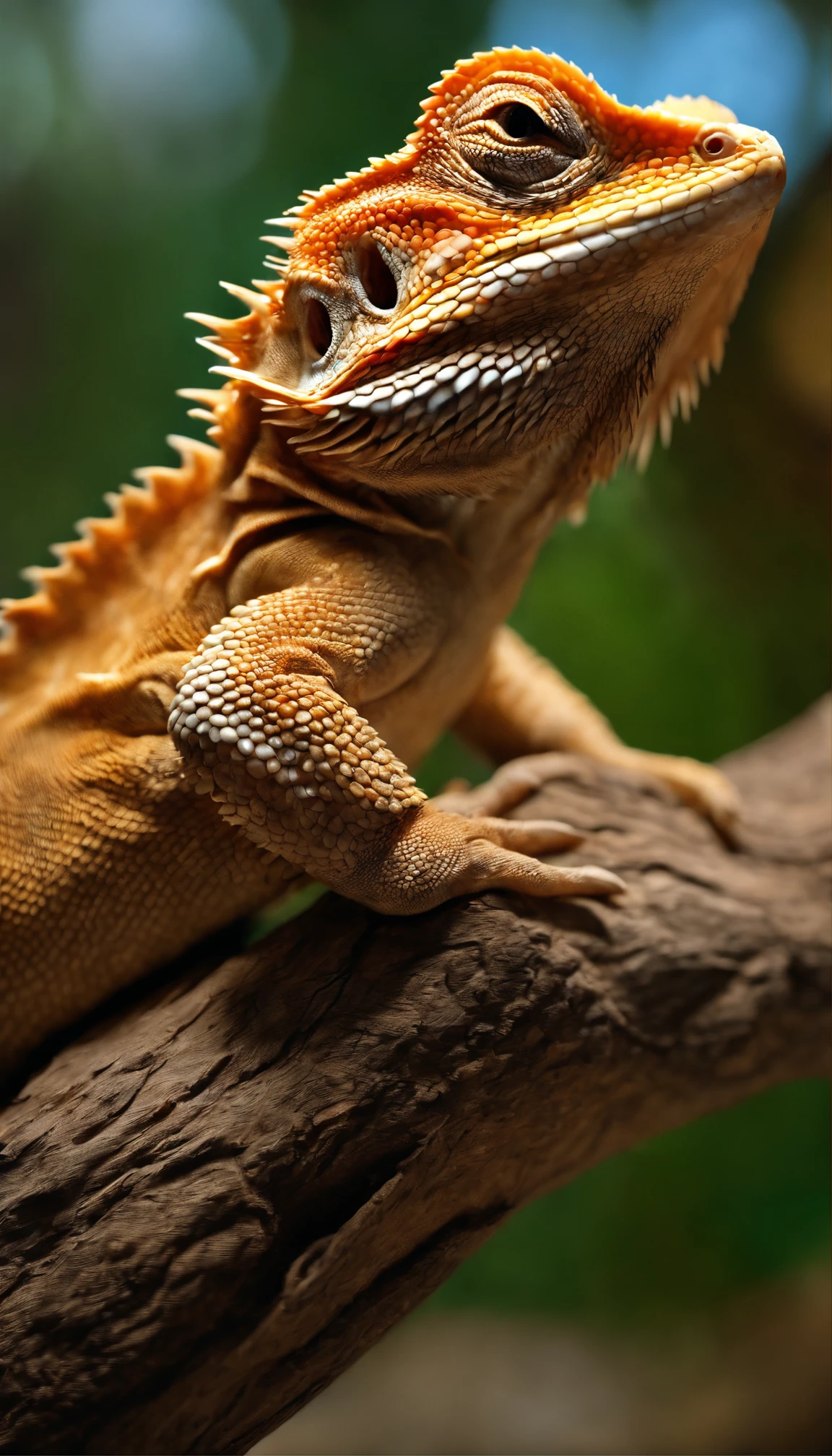 a Bearded Dragon,wood climbing in a glass tank,(best quality,highres,masterpiece:1.2),ultra-detailed,realistic,photorealistic:1.37,detailed scales,expression on its face,warm lighting,glass reflections,vibrant colors,organic textures,scratches on the glass,high-resolution reptile,3D rendering,close-up shot,impressive wood grain,detailed bark,curved branches,stretching tail,engaging eyes,majestic reptile presence,subtle shadows,evoking calmness and curiosity,luminous highlights,endearing gaze