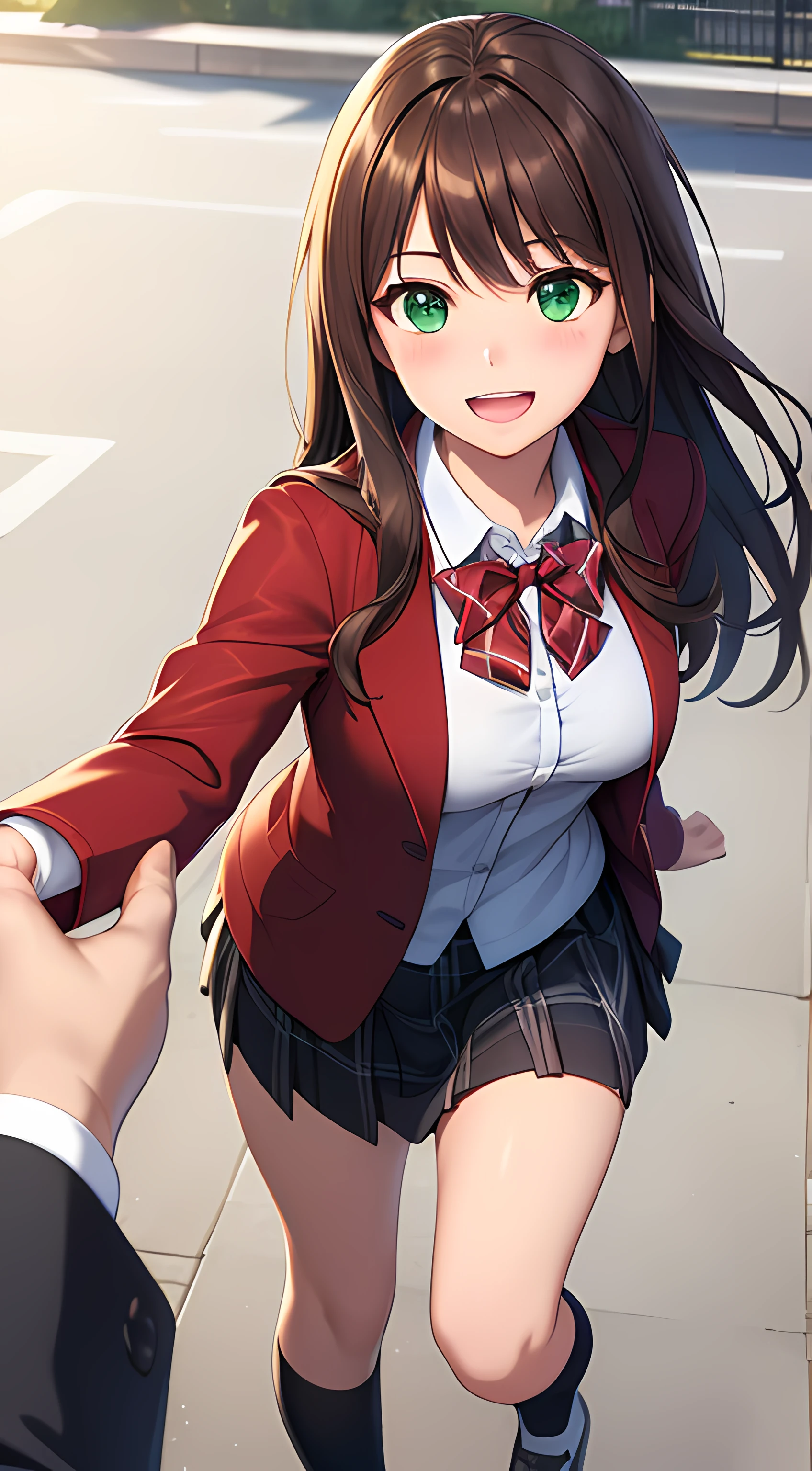 ((masterpiece, best quality, highres, UHD, perfect pixel, depth of field, 4k, RTX, HDR))), 1girl, single, solo, beautiful anime girl, beautiful artstyle, anime character, ((long hair, bangs, brown hair)), (green eyes:1.4, rounded eyes, beautiful eyelashes, realistic eyes), (detailed face, blushing:1.2), (smooth texture:0.75, realistic texture:0.65, photorealistic:1.1, anime CG style), medium breasts, (dynamic angle, dynamic pose:1.4, pov, close up, looking to viewer), perfect body, (red bowtie, school uniform, black jacket, closed jacket, brown cardigan, white shirt), ((black skirt:1.5, plaid skirt, socks)), smile, open mouth, amusement park