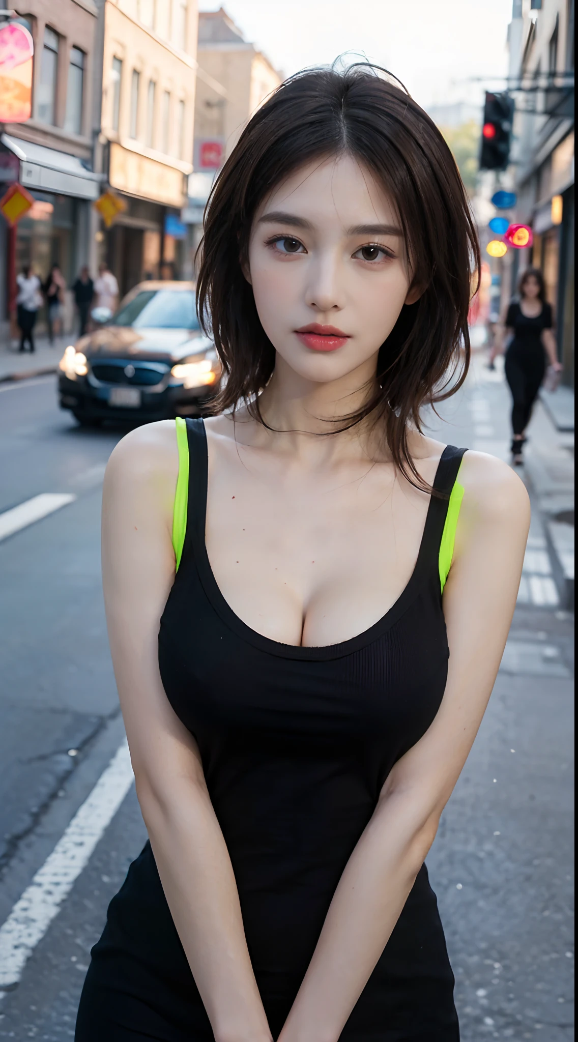 masterpiece, Highest quality, figure, Very detailed, In detail, High resolution, 8k wallpaper, Perfect dynamic composition, Beautiful eyes with attention to detail, slender, Wavy medium hair, Beautiful, firm, medium-sized breasts, (A beautiful face with a pure and mature look), Seductive pose, smile, (Photo taken from a distance, from the front:1.5, Front view:1.5), (Downtown at night), ((Japanese Miniskirt Police, I can see her cleavage))
