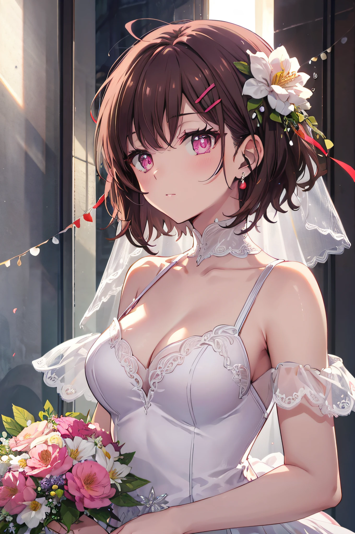 Mass Piece, Top image quality, High resolution, Ultra-high resolution, depth of fields, Short hair, Brown hair, Pink eyes, (Hairpin), wedding dress, flower, chies