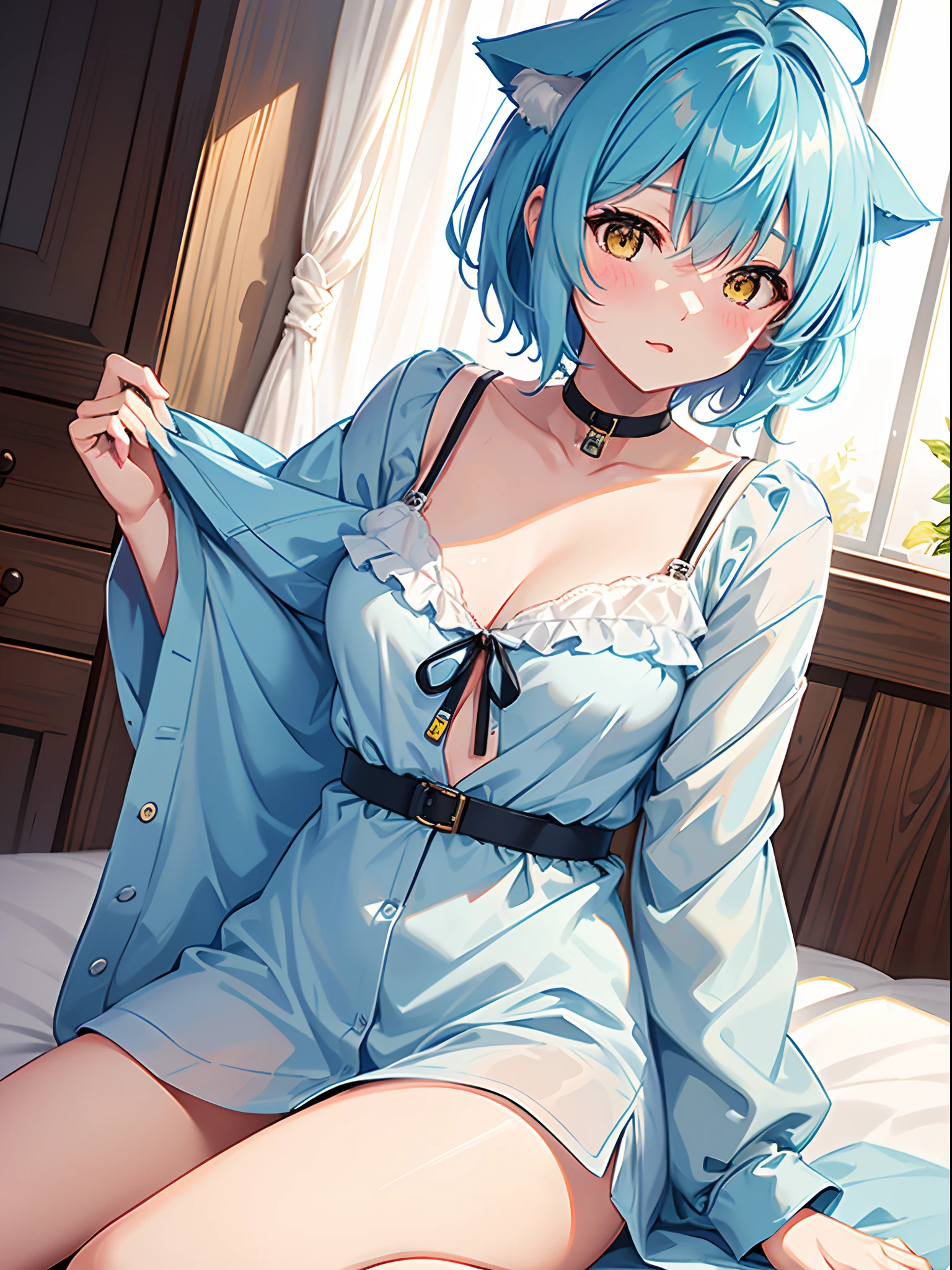 ((4K,masutepiece,Best Quality)), 1girl, cat ears, Beautiful light blue short hair,bangs pinned back,Ahoge,Colored inner hair, yellow eyes,Cute,blush Underwear visible, Sheer shirt