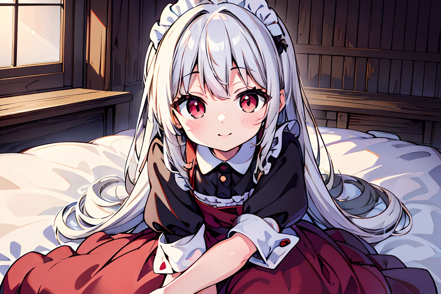 Silver-haired woman,Red Eyes,cute little,A smile,maid clothes,Whole body,adolable,frilld,Long hair,white backgrounid,a miniskirt,futon bedding,co-sleeping