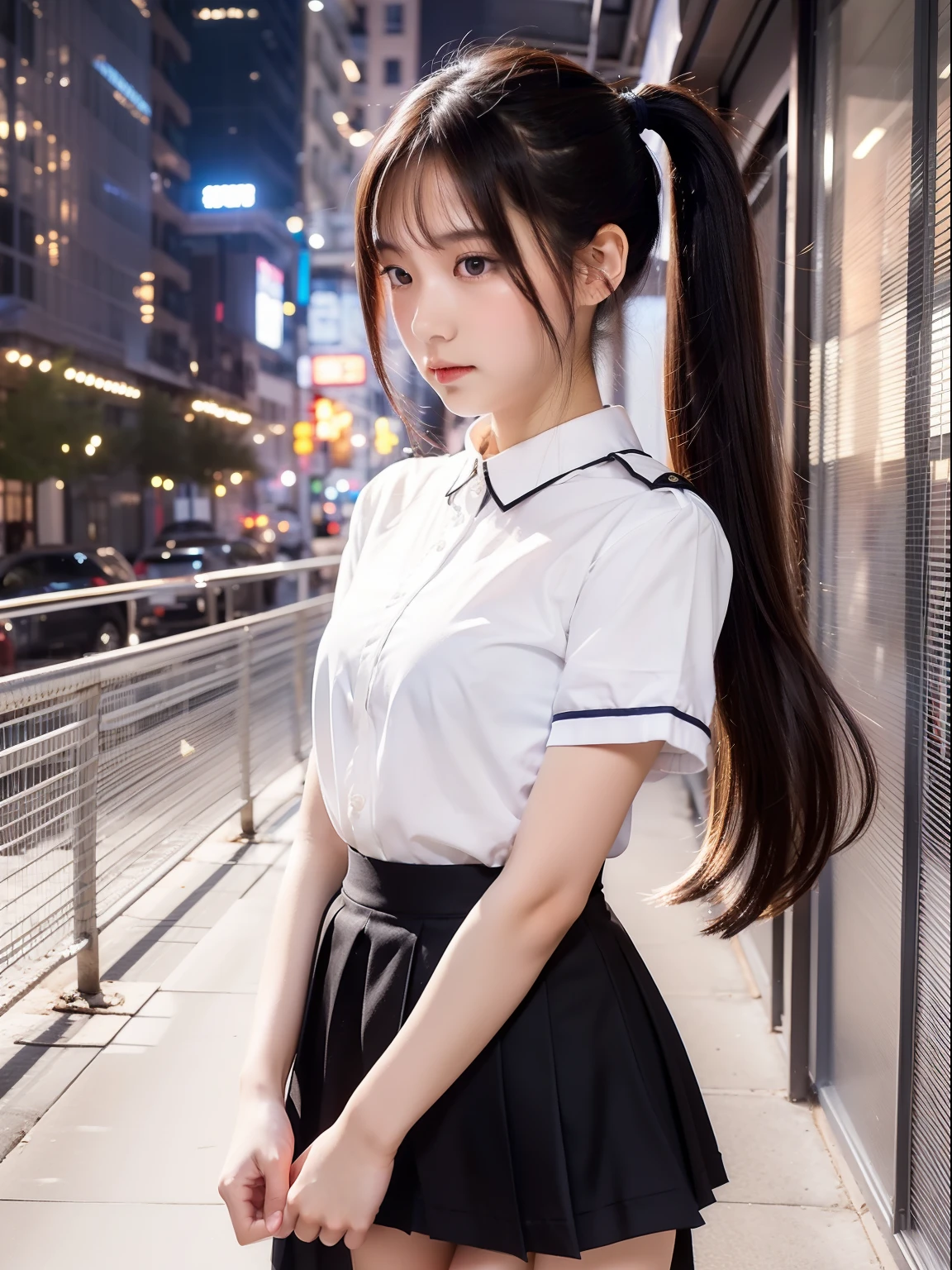 (((Skirt Lift 1.2))),pleatedskirt,a 14 year old girl,A dark-haired,poneyTail,
