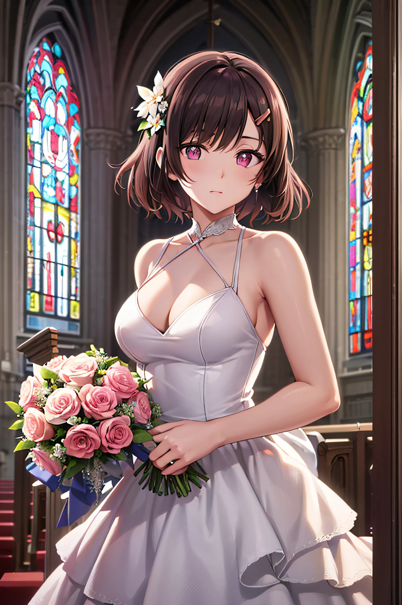 Mass Piece, Top image quality, High resolution, Ultra-high resolution, depth of fields, Short hair, Brown hair, Pink eyes, (Hairpin), wedding dress, flower, church