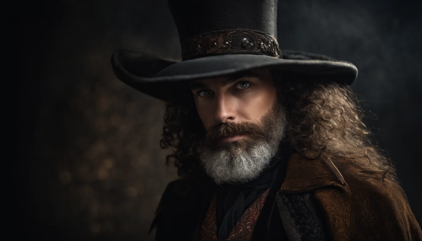 Portrait of a magician, bearded, perms, weathered, With piercing eyes, detailed face, highly detail, photography, dark studio, Rim Light, Nikon D850, 50mm, f/1.4