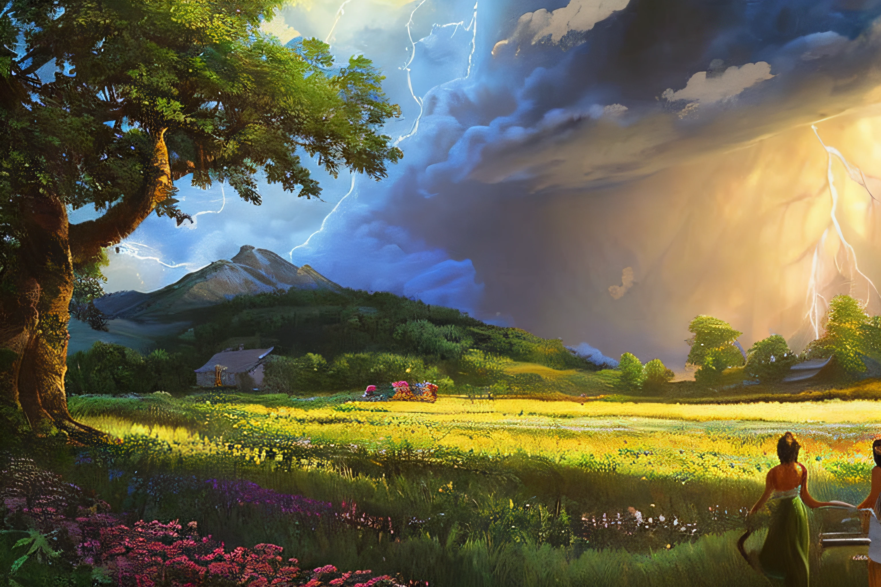 scene of a clouds, 3 people, bustling thunder storm, great big storm, sunlight, glow, afternoon, scenery concept art, overgrowth. by Renoir , relaxing concept art, traditional classic concept art, a beautiful artwork illustration. high detail, background art, detailed concept art, environment design illustration, concept art highly detailed