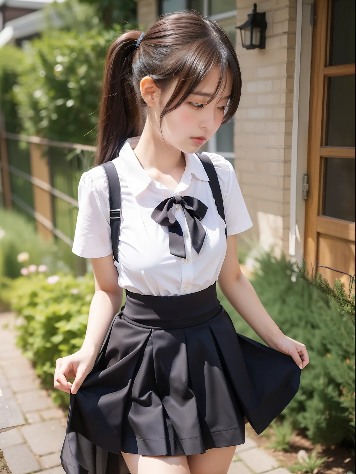 A masterpice、the best quality、Official Art、Highly detailed CG Unity 8k wallpapers、Like a schoolgirl、very delicate beautiful、ultra-high-resolution、(photorealestic:1.4)、Golden Hour Lighting、(Haut du corps)、(Platinum Shorthair:0.8)、(Puffy eyes)、looking at the viewers、looking to the front、laughing、JK Skirt、white dresses、Shirt Lift Long Black Hair、behind from、squatt