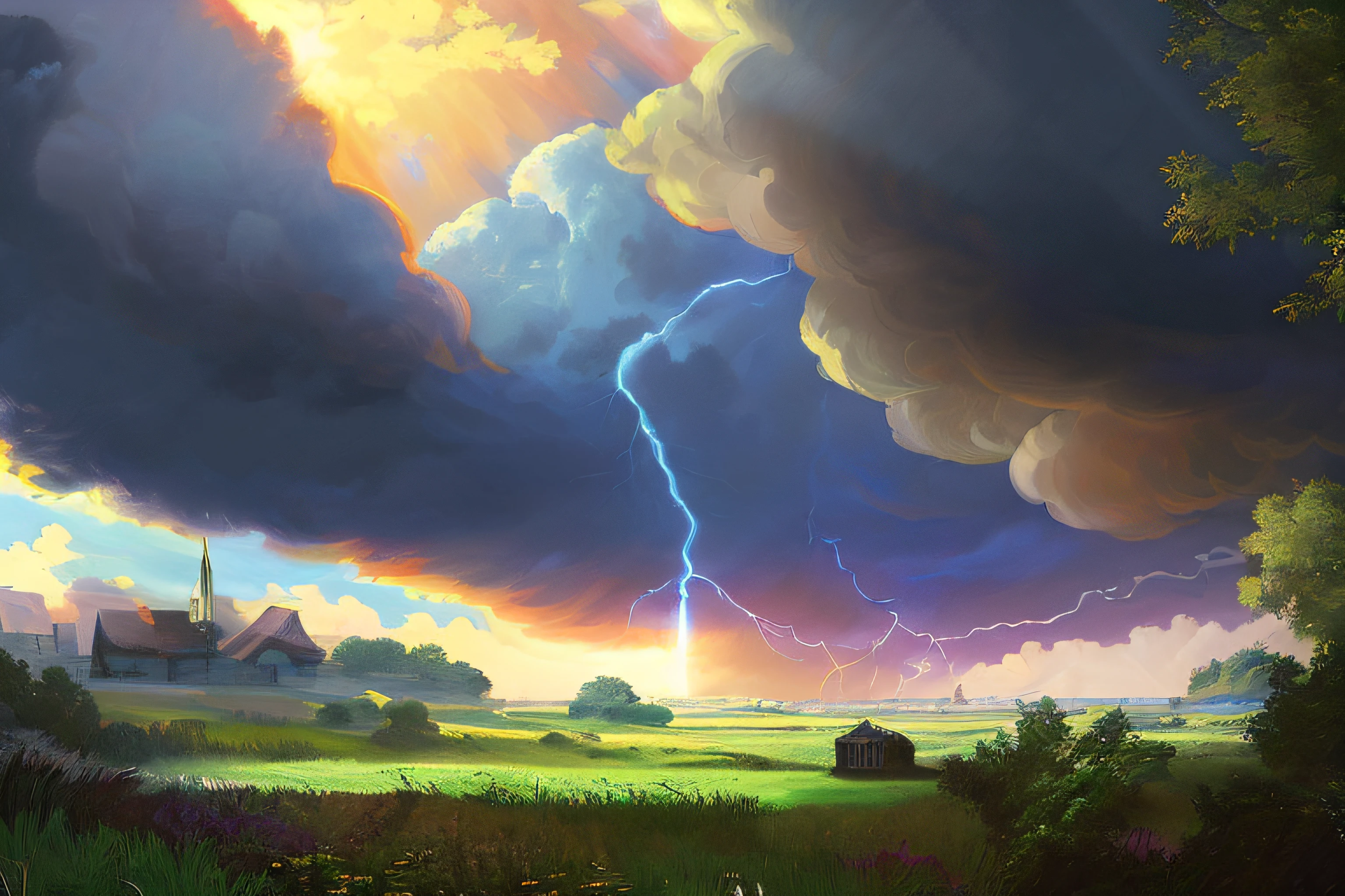scene of a clouds, 3 people, bustling thunder storm, great big storm, sunlight, glow, afternoon, scenery concept art, overgrowth. by Renoir , relaxing concept art, traditional classic concept art, a beautiful artwork illustration. high detail, background art, detailed concept art, environment design illustration, concept art highly detailed