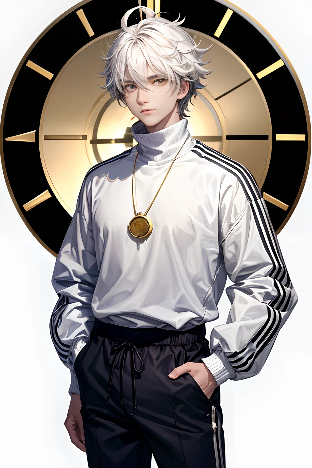 1boy, 1male, handsome, messy hair, very messy hair, very attractive, white turtleneck, white background, serious, looking down on you, dominant aura, messy hair, extremely messy hair, medium hair, extremely handsome, simp worthy, putting hands in pocket, hands on pocket, detailed eyes, black pants, jogging pants, clock necklace, clock pendant, white hair, multi colored hair, gold hair streaks, 18 years old, young adult, ager, mature,  pure white background, dark blue jogging pants, 1boy, white background, yellow eyes