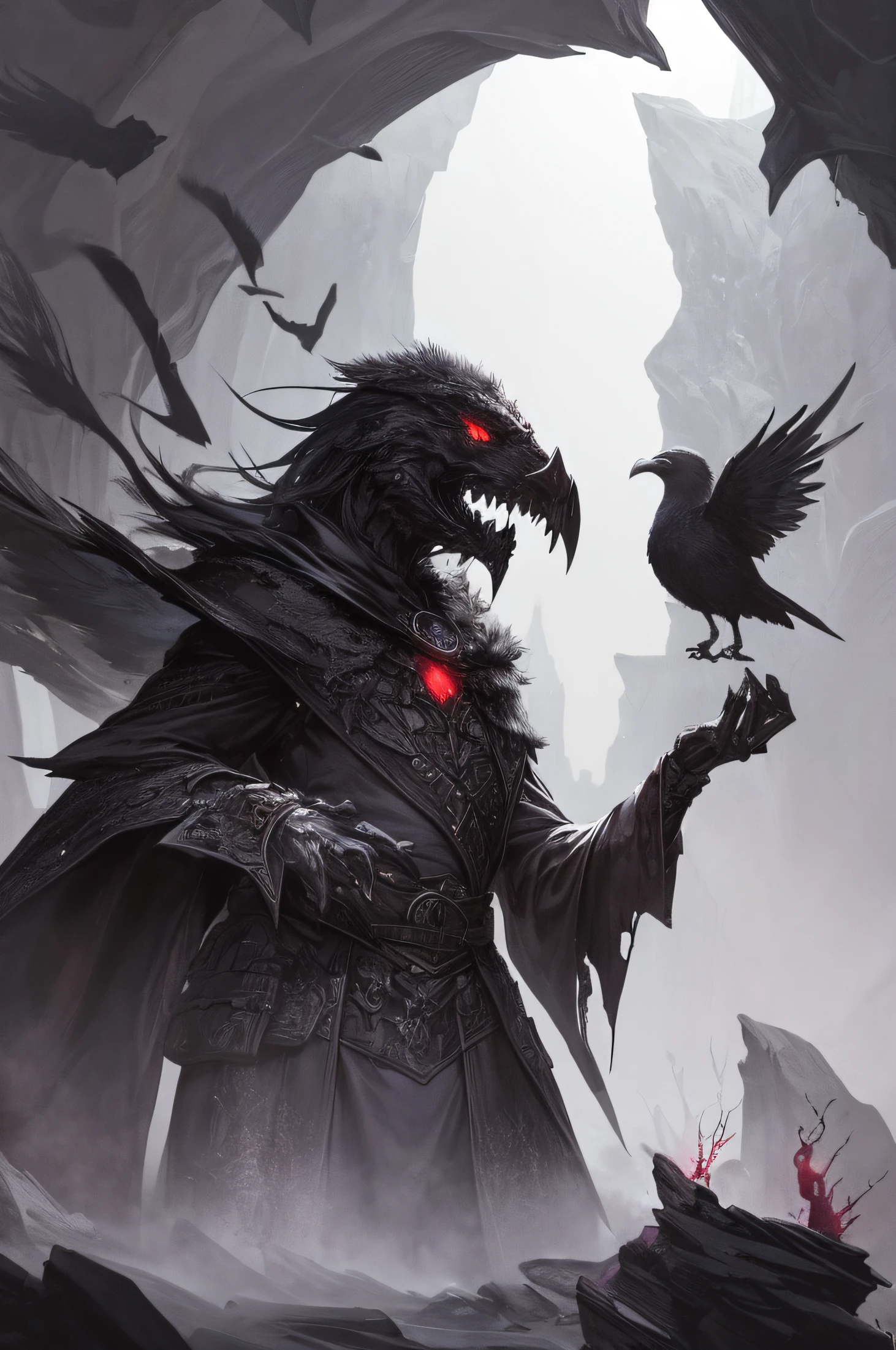 Cold scenario, darkly, death, Odin, fantasy creature, Scary creature, rocks, Dry, Dead Tree, mountain, Wallace, mist, spectral, Magic, Scary, Crows, intimidating, Inposing, superior, an artistic, Clouds, The Scary Way, Danger, ombre, dynamic, rich composition, Intricate, Detailed, shelter, landscape, Sketch, Incredibly beautiful sky, stars in thr sky, Scavengers, bloods, red fluid,