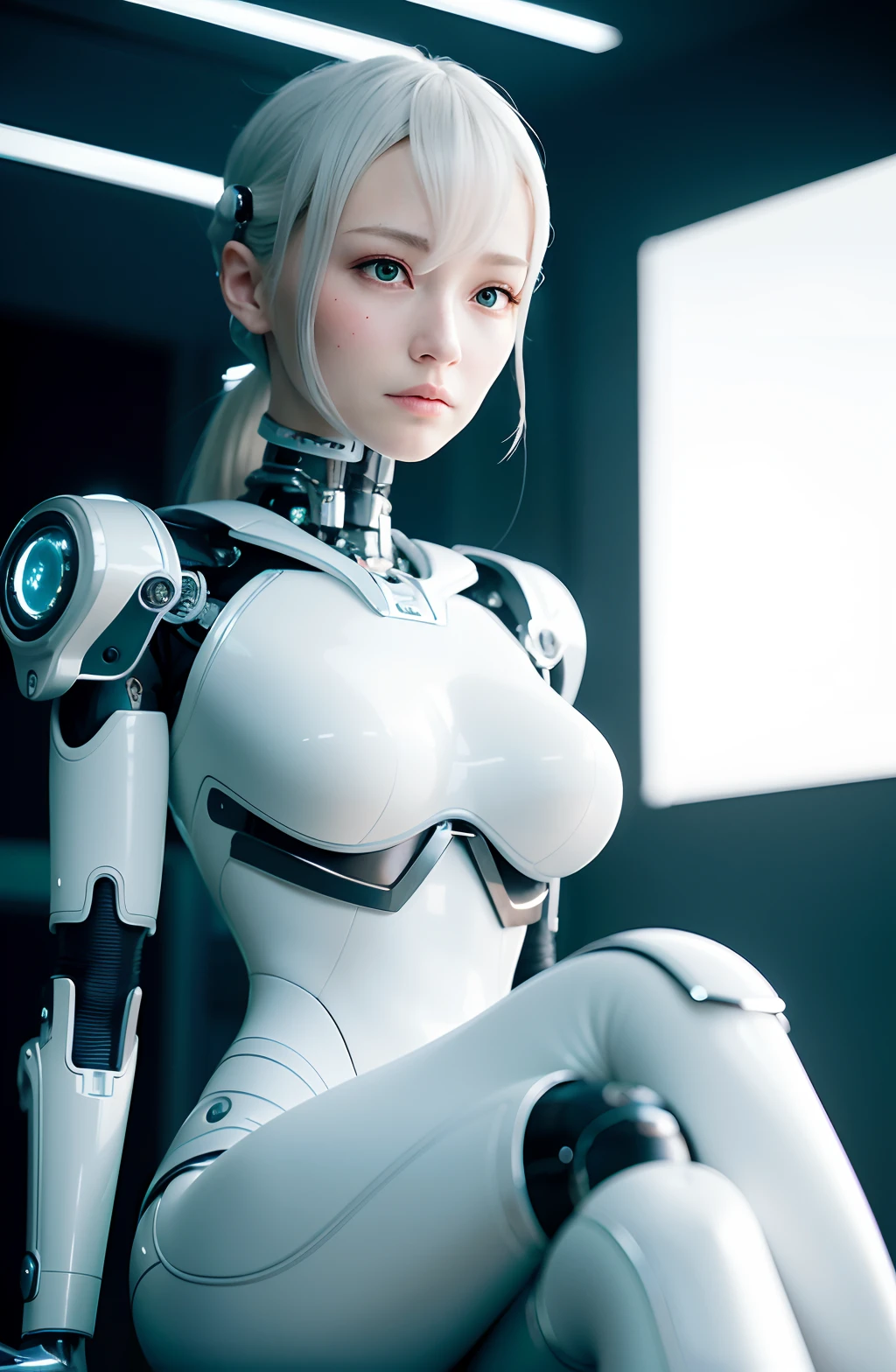 complex 3d render ultra detailed of a beautiful porcelain profile woman android face, Cyborg, cyborg robot parts, 150 mm, Beautiful studio soft light, rim-light, vibrant detail, Luxurious cyberpunk, Lace, Hyperrealistic, anatomically, face muscles, Cable Electrical Wire, micro Chip, elegant, Beautiful background, rendering by octane, h. r. Giger style, 8K, Best quality, Masterpiece, illustration, An extremely delicate and beautiful, Extremely detailed ,CG ,Unity ,the wallpaper,Amazing, finedetail, Masterpiece,Best quality,offcial art, Extremely detailed Cg Unity 8K wallpaper, robot, silver halmet, ((full bodyesbian)), Sitting