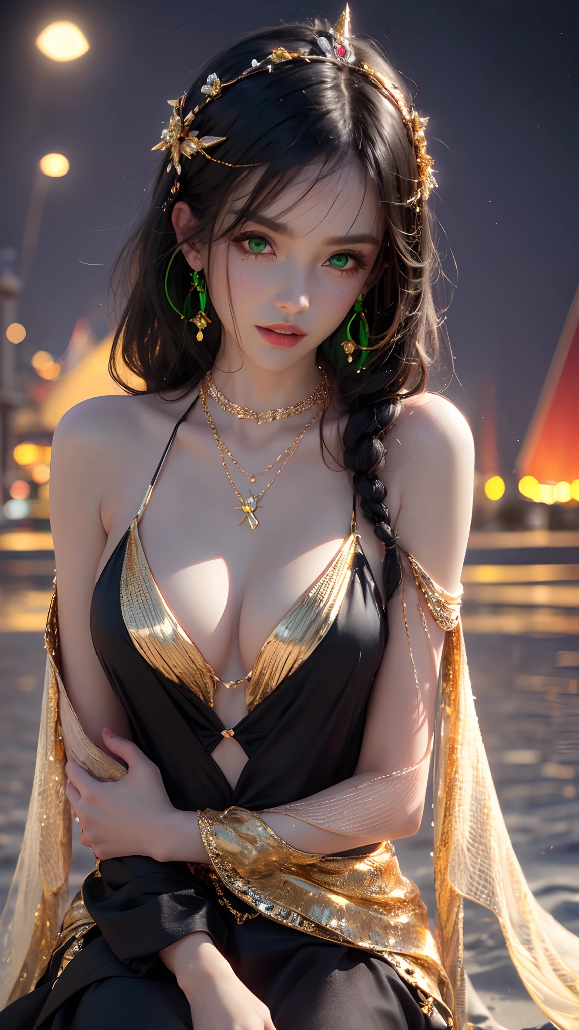 1 beautiful young princess, ((beautiful princess no longer a child:1.8)), ((wearing a black armored dress with gold trim in ancient hanfu style:1.6)), (((Exquisite patterns on the skirt:1.6))), ((braided hair with long black bangs: 1.6)), ((long bangs:1.6)), ((hair jewelry:1.9)), ((upper body gold jewelry:1.9)), ((Very delicate gold necklaces:1.7)), ((earrings with emeralds:0.8)), noble, noble style of an extremely beautiful girl, super cute little face, very pretty face, fur thin eyebrows, flawless beautiful face, ((black eye pupils: 0.8)), very beautiful eyes, ((green eyes eyes: 1.6)), beautiful makeup and detailed hairdo, eyelashes, eye makeup wet, high nose, earrings, red lips, ((closed mouth: 1;5 )) beautiful lips, slim hands, ((arms spread out to the sides: 1.7)), rosy face, clean face, flawless beautiful face, smooth white skin, firm breasts, nice cleavage, ((super big and round breasts: 1.6)), beautiful breasts, perfect body, ((Sit back and puff out your chest, arms behind you:1.6)), 8k photos, super high quality, super realistic, super 10x pixels, optical, bright studio, bright edges, two-tone lighting, (high detail skin:1.2), super 8k, soft lighting , high quality, volumetric light, optical, optical high resolution, light, best photo, 4k, 8k quality, blur effect, smooth sharpness, 10 x pixels, ((beach at night background:1.5)), aurora, lightning, super realistic graphics, most realistic graphics, alone, solo, Extremely sharp, surreal images, (((frontal portrait: 1.3)))."