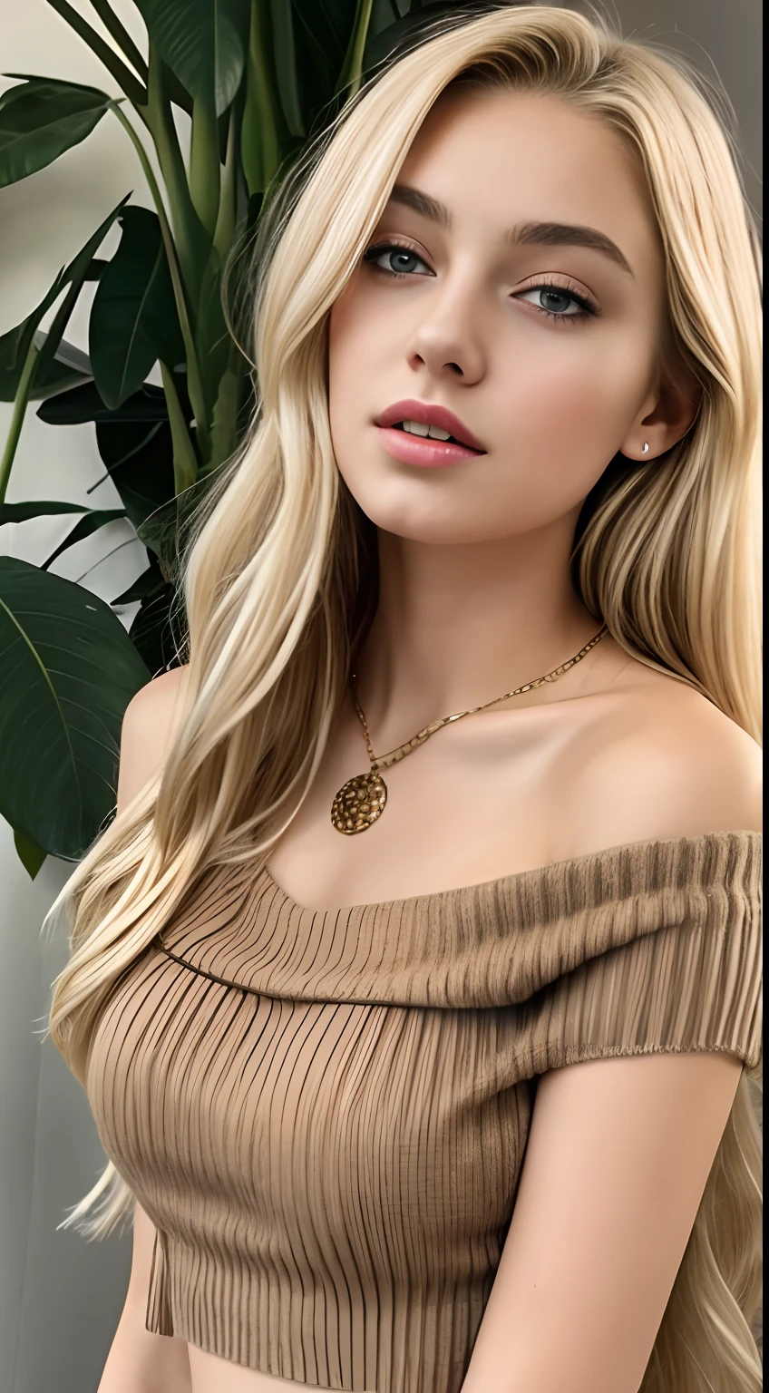 1girl in, age19, Solo, Long hair, Colossal tits, view the viewer, blonde  hair, Bare shoulders, Brown eyes, jewely, full body Esbian, a necklace, cropped shoulders, Sweaters, Realistic, A sexy