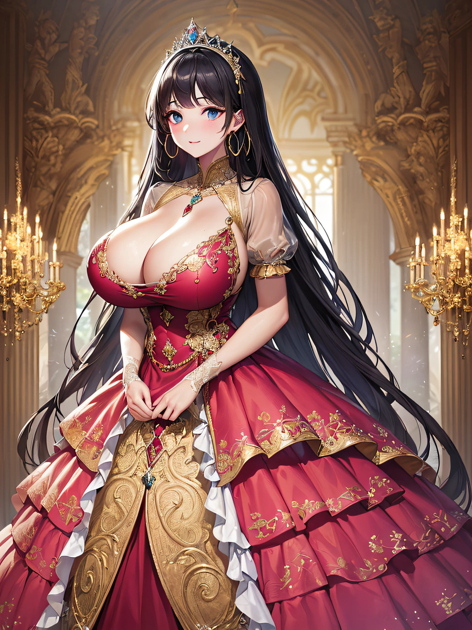 (masterpiece, best quality,extremely detailed:1.1),(moe anime art style:1.3),1 girl,((full body portrait)),standing in palace of versailles,((solo)),cute,kawaii,digital art,(((1 princess wearing gorgeous princess rococo ballgown with voluminous full length hoop skirt))),((crinoline)),long train,((beautiful embroidery and jeweled)),voluminous frills,See-through,(gorgeous embroidery and beautiful lace),(((gigantic tits,skindentation,cleavage))),(((very long hair,very long straight hair))),((finely detailed face and eyes)),clear pupil,extremely gorgeousfull hair ornament,(bling-bling jeweled extremely gorgeousfull tiara),(bling-bling gorgeous gemstone jewelry),long veil,(beautiful background),full body,((gorgeous princess rococo ballgown with voluminous full length hoop skirt))