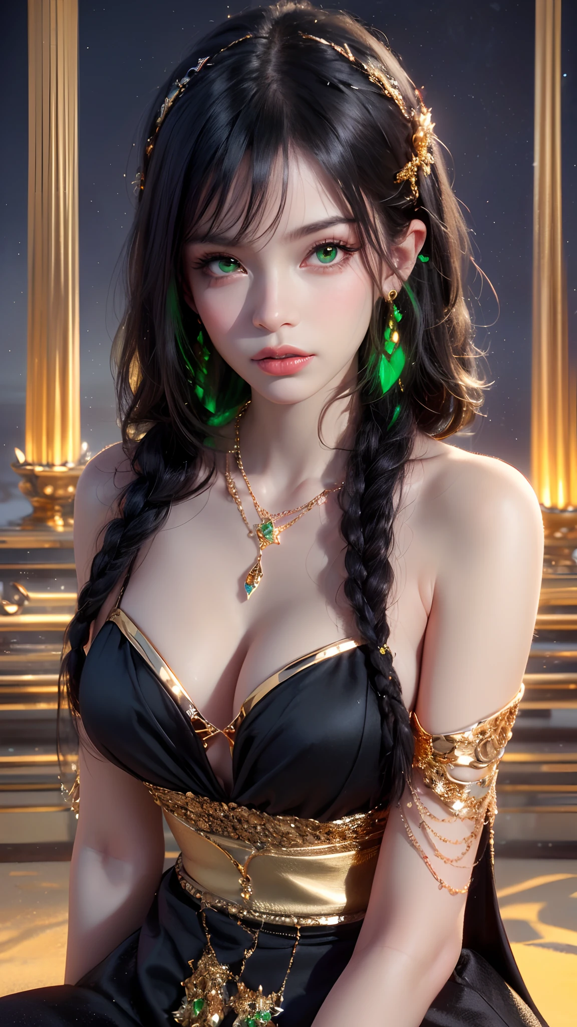 1 beautiful young princess, ((beautiful princess no longer a child:1.8)), ((wearing a black armored dress with gold trim in ancient hanfu style:1.6)), (((Exquisite patterns on the skirt:1.6))), ((braided hair with long black bangs: 1.6)), ((long bangs:1.6)), ((hair jewelry:1.9)), ((upper body gold jewelry:1.9)), ((Very delicate gold necklaces:1.7)), ((earrings with emeralds:0.8)), noble, noble style of an extremely beautiful girl, super cute little face, very pretty face, fur thin eyebrows, flawless beautiful face, ((black eye pupils: 0.8)), very beautiful eyes, ((green eyes eyes: 1.6)), beautiful makeup and detailed hairdo, eyelashes, eye makeup wet, high nose, earrings, red lips, ((closed mouth: 1;5 )) beautiful lips, slim hands, ((arms spread out to the sides: 1.7)), rosy face, clean face, flawless beautiful face, smooth white skin, firm breasts, nice cleavage, ((super big and round breasts: 1.6)), beautiful breasts, perfect body, ((Sit back and puff out your chest, arms behind you:1.6)), 8k photos, super high quality, super realistic, super 10x pixels, optical, bright studio, bright edges, two-tone lighting, (high detail skin:1.2), super 8k, soft lighting , high quality, volumetric light, optical, optical high resolution, light, best photo, 4k, 8k quality, blur effect, smooth sharpness, 10 x pixels, ((beach at night background:1.5)), aurora, lightning, super realistic graphics, most realistic graphics, alone, solo, Extremely sharp, surreal images, (((frontal portrait: 1.3)))."