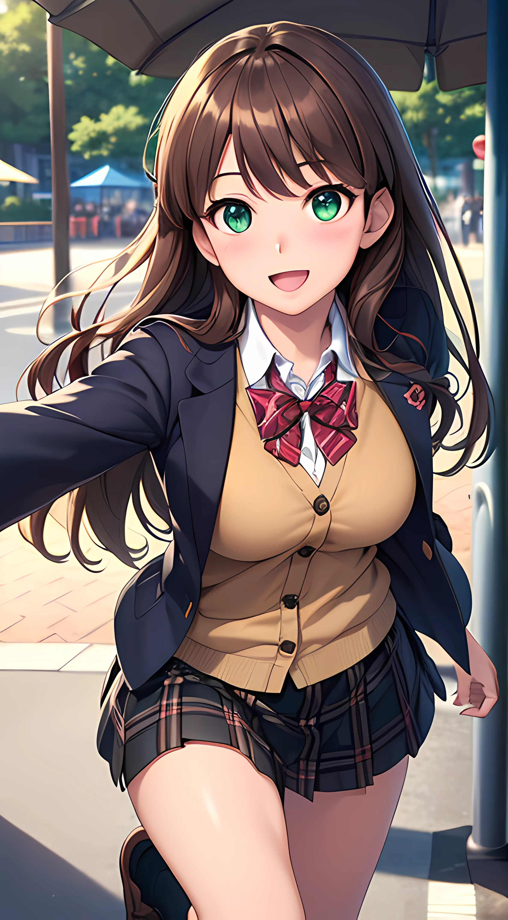 ((masutepiece, Best Quality, hight resolution, nffsw, Perfect Pixel, depth of fields, 4K, nffsw, nffsw))), 1girl in, Single, Solo, Beautiful anime girl, Beautiful Art Style, Anime Character, ((Long hair, Bangs, Brown hair, Curly hair:0.8)), ((Green eyes:1.4, rounded eyes, Beautiful eyelashes, Realistic eyes)), ((Detailed face, Blushing:1.2)), ((Smooth texture:0.75, Realistic texture:0.65, Photorealistic:1.1, Anime CG style)), medium breasts, Dynamic Angle, Perfect body, ((Portrait, POV)), ((red bowtie, School uniform, Black jacket, Open jacket, Brown cardigan, White shirt, Black skirt, plaid skirts)), Smile, amusement park