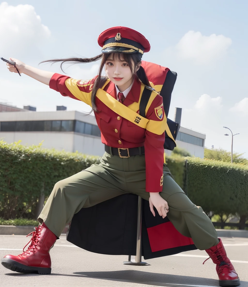 Crimson Military Court、Red and yellow tops、Shorts、fishnet tights、Military boots、Military Cap、