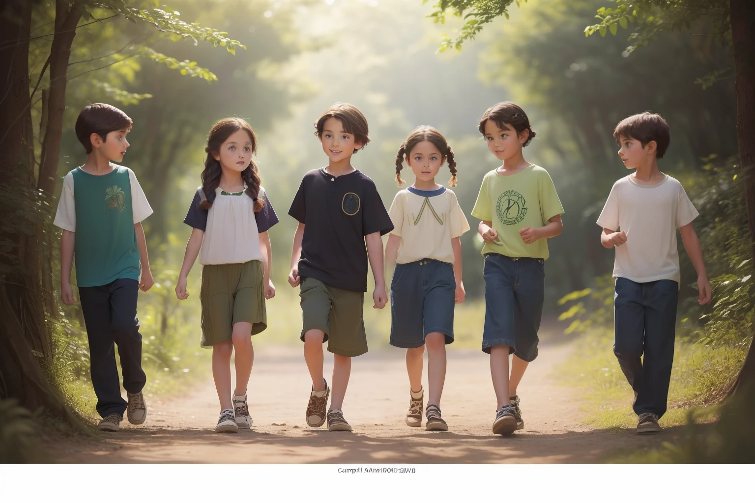 Year: 2012. Location: Broarwood Natural Reserve. a group of many pre-raphaelite 10-year-old boys and girls in summer camp, exploring around, happy, ((((2010s casual clothes)))) ((2010s hairstyle)) ((in the style of "OMITB")) ((cinematic style))