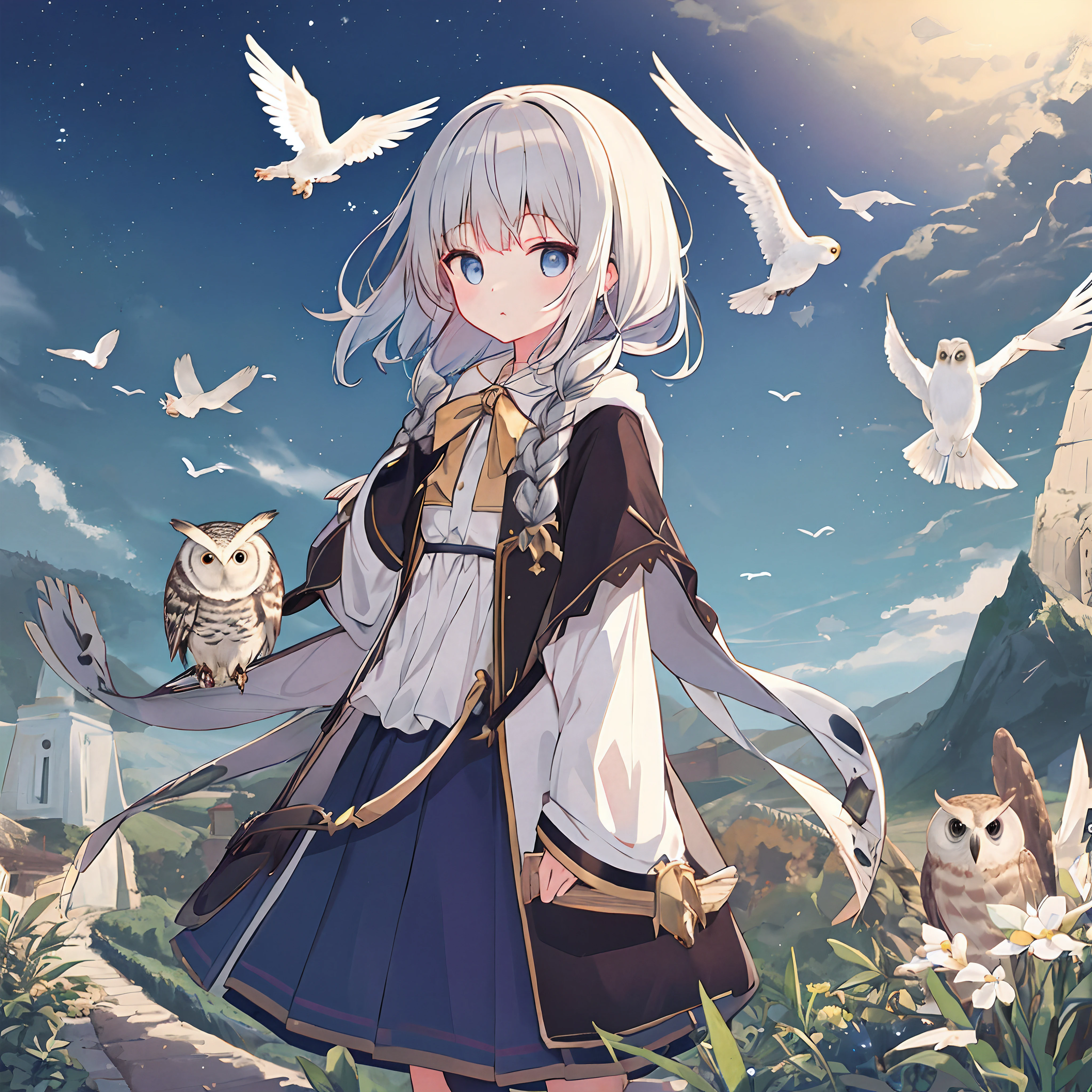 girl,The expression is cold,Bird trainer,There is an owl on the shoulder,Handsome dress