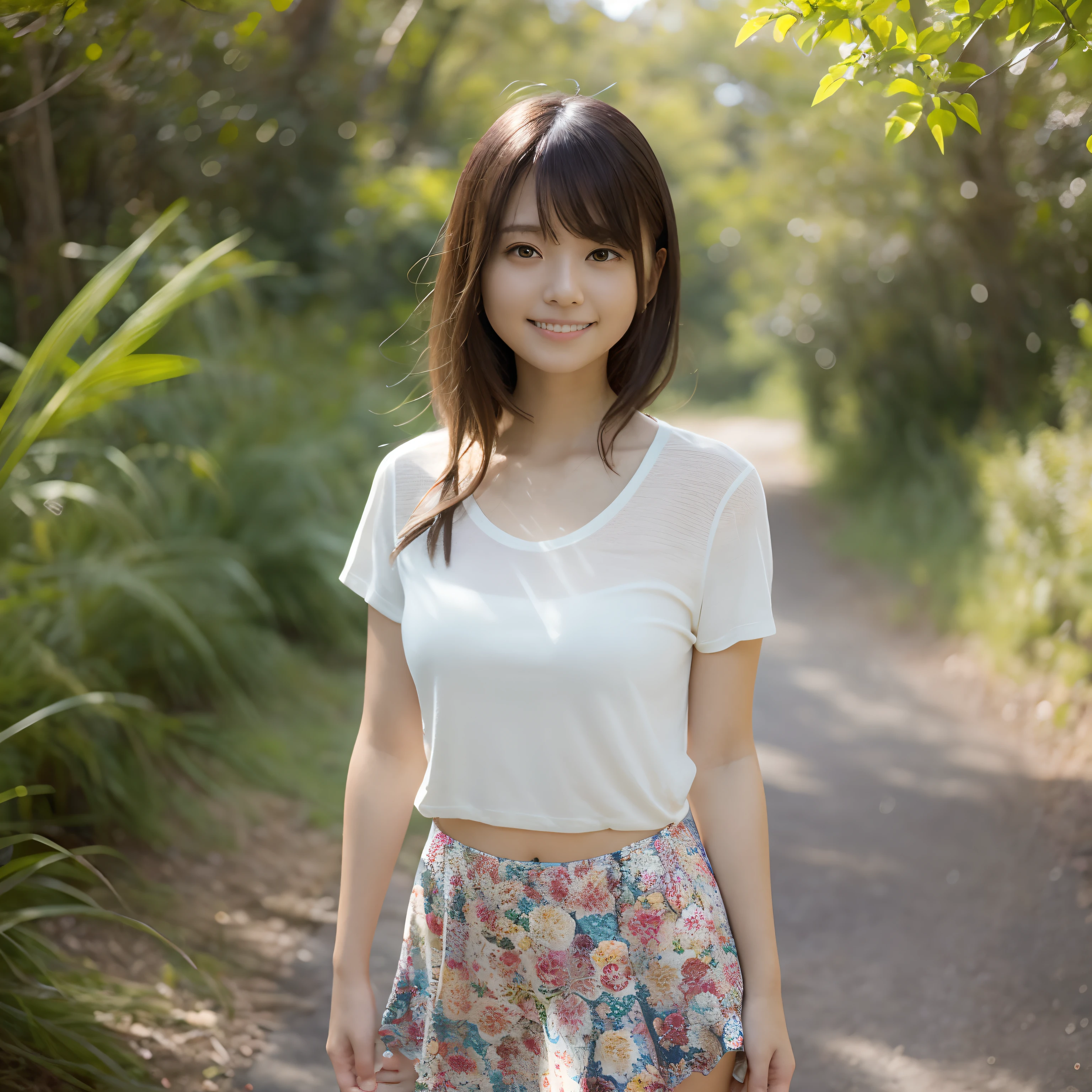 Women in Japan、Wear a thin shirt,In the forest,bare-legged,posing in the。 Happy smile、One lady、An 18-year-old woman
((top-quality、8K、masterpiece:1.3))、foco nítido:1.2、Highly detailed facial and skin texture、 A detailed eye、二重まぶた、tshirts、a miniskirt、Warm colors、Happy smile、Orange sunset、Looking at the camera