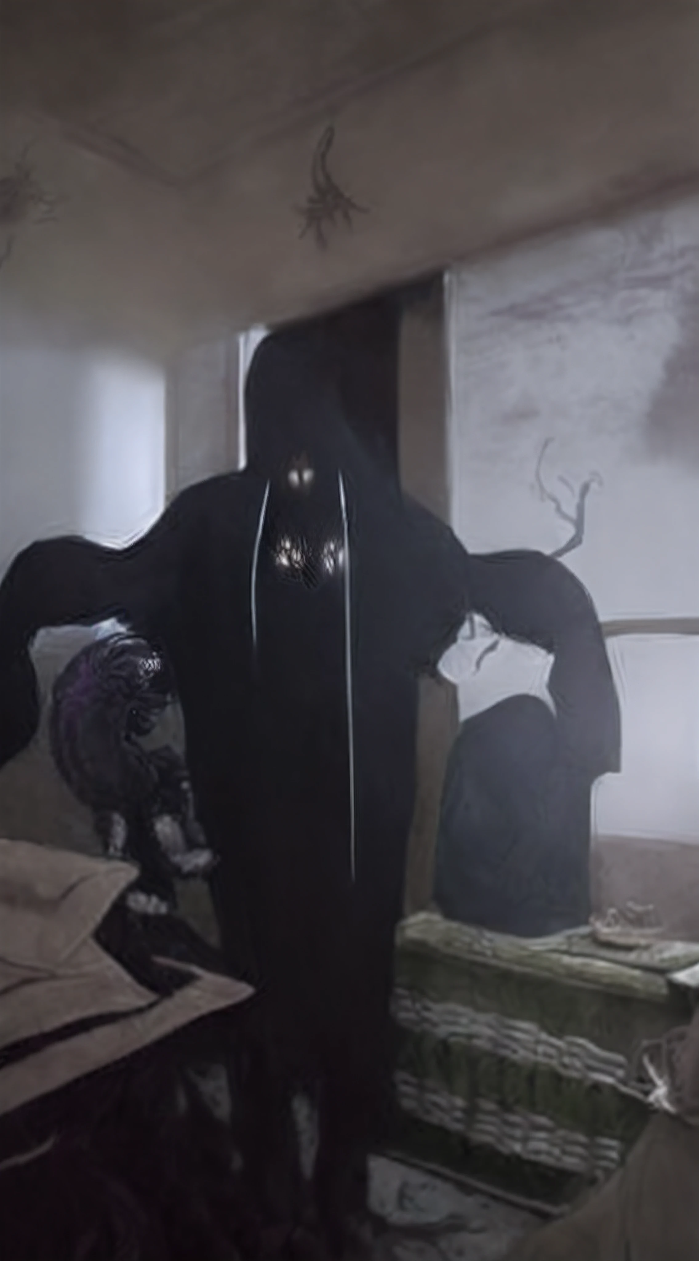 (melhor qualidade,4k,8k,Alto,master part:1.2),Cosmic Horror,ultra-detalhado,Roxo,Agourento,ghostly,bizarro,indutor de medo,sombras detalhadas,dramatic lighting,atmosfera assombrosa,sinister composition,Sinister presence,detailed facial features,Pose Cruzada,sombras engolindo a figura,translucent ghostly figures,rosto vazio, no expression,estranho,fundo assombrado,paisagem desolada,cores vivas com tons dessaturados,ambiente sombrio,Semelhante a um pesadelo,evil spirits,Paranormal configuration,sussurro fantasma,espectros assustadores,olhares assombrosos,Inquietante,atividade paranormal,Sombras misteriosas,shrouded in darkness,aura assustadora,Subtle Reflections,Ethereal figures,atmosfera assustadora,entidades sobrenaturais,Petrificante,filme de terror ainda,lit by candle light,twisted and contorted features,Horrifying apparitions,Gothic elements.