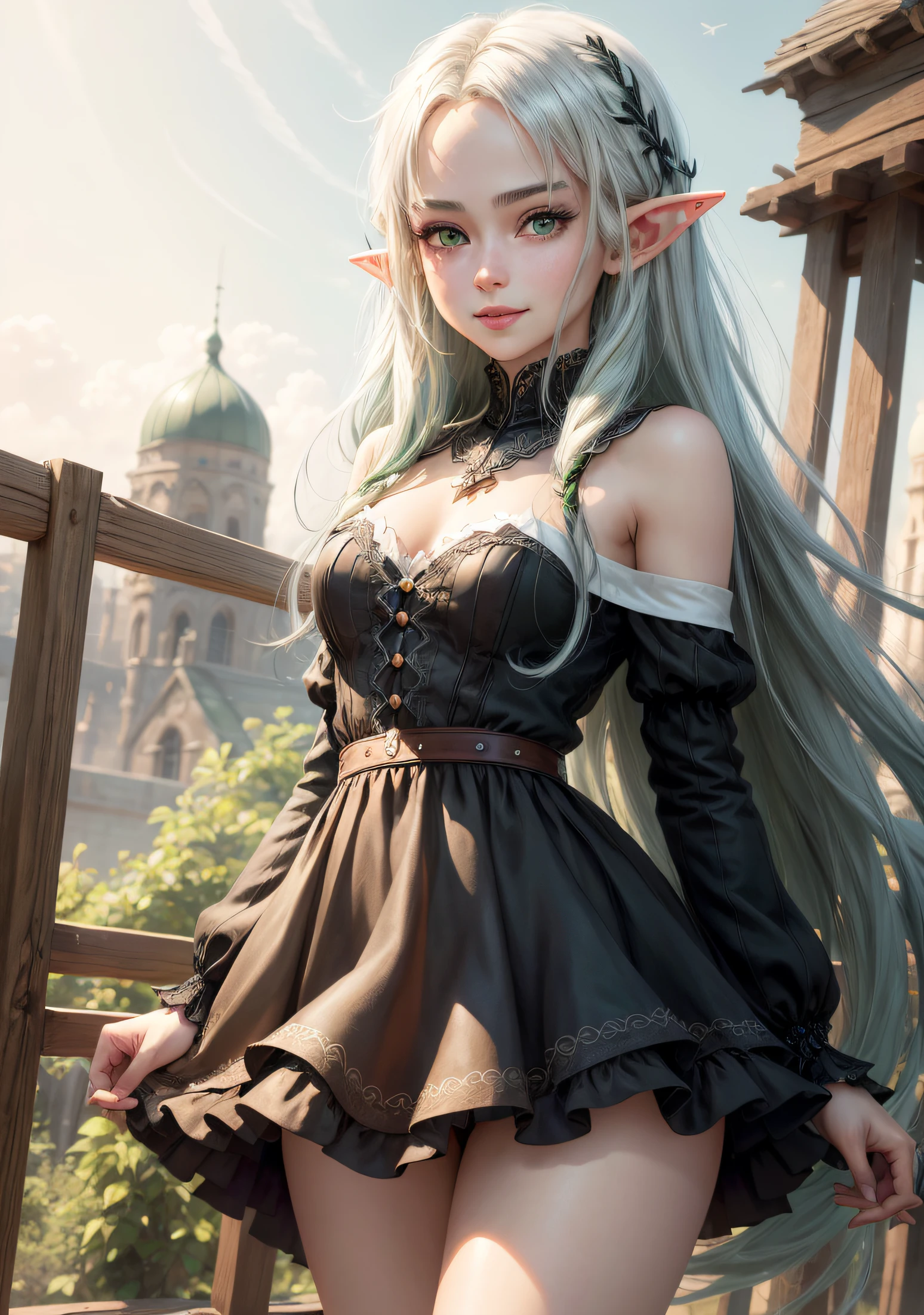 The elf stands and looks at the camera, A girl stands at a fair, green eyes and white hair, The wind lifts the skirt, You can see the underpants, blue skies, Beautiful clear blue sky, green hairpins in the hair, skinny waist, Slender figure, Appearance of the model, confusion, sexuality, nahida, pixie, elf ears, Beautiful ears, green colored eyes, People's casual clothes, black clothing, pantyhouse, black tights, little chest, You can see the, Upskirt, black clothing, White underpants, Elf Girl, Sweet girl, attractive anime girl, beautiful anime girl, Cute beautiful anime woman, detailed digital anime art, beautiful anime girl, beautiful anime girl, Anime with small details, Best Quality, Masterpiece, Ultra-detailed, Beautiful, hight resolution, Original,CG 8K ультрареалистичный, perfect artwork, beatiful face, Face Clean, Skin, hyper realistic, Ultra Detailed, A detailed eye, dramatic lighting, (Realistic) Realistic, Full HD, Best Quality, Best Quality, Beautiful lighting, (8k wallpaper of extremely detailed CG unit), High Details, sharp-focus, The art of dramatic and photorealistic painting, beautiful smile,