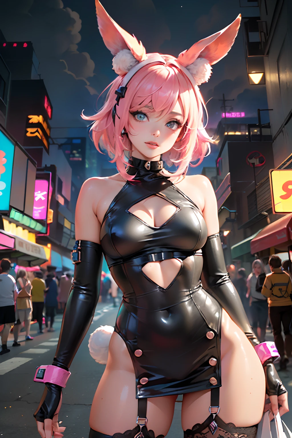 Cute Bunny,(((20 years old))),((Anime little rabbit with very cute and beautiful twin-tailed pink hair walking down the street)),(((Bunny Girl,Antro Furry Cute,bunnygirl))),(((Bunny ears,Rabbit ears on the head,Big rabbit ears))),

((large full breasts))), (((Fuchsia Hair:1.35,short fuchsia hair,Colored inner hair,Ear breathing,))),((Heterochromia, I1 Fuchsia, Eye 2 Pink, Perfect eyes, upward-eyed:1.3, Beautiful detailed eyes, finely detailed beautiful eye:1, big highlight on eyes:1.2, slanted eye)), (((Lustrous skin:1.5,bright skin: 1.5,skin tanned,Shiny skin,Very shiny skin,Shiny body,plastic glitter skin,exaggerated shiny skin))),(delicate detailed fingers,Detailed body,detailed arms,Human Hands, Detailed hand),

Cute,sluttish,,Erotic,NSFW, 

zettai ryouiki,Revealing clothing,Show skin,((Rave Shirts, Fluorescent shirt, Rave Miniskirt,Visible lace strap)),(Wearing a rave costume:1.3,Rave Clothing,seminude,with little clothing,),(detailed costume,detailed  clothes),

(Dynamic Pose:1.0), Solo Focus, Centered, scale to fit the dimensions, thirds rule,

Outdoors, ((Night view)), (Cyberpunk Night Street Background: 1.5,dark sky,alleyway,Lonely alley,Thick clouds, Detailed background:1.25),

(Best Quality), (High resolution), (Sharp Focus), (ultra-detailliert), (Extremely detailed), (Very high quality artwork), 8K_Wallpaper, (8K HDTV CG),(Very fine 8K CG), ((hyper super ultra detailed perfect piece)), flawless, (((masutepiece))), Illustration, Vibrant colors,  (Convoluted), High contrast, Selective lighting, double exposure, nffsw (High dynamic range), Post-processing, Background blur,